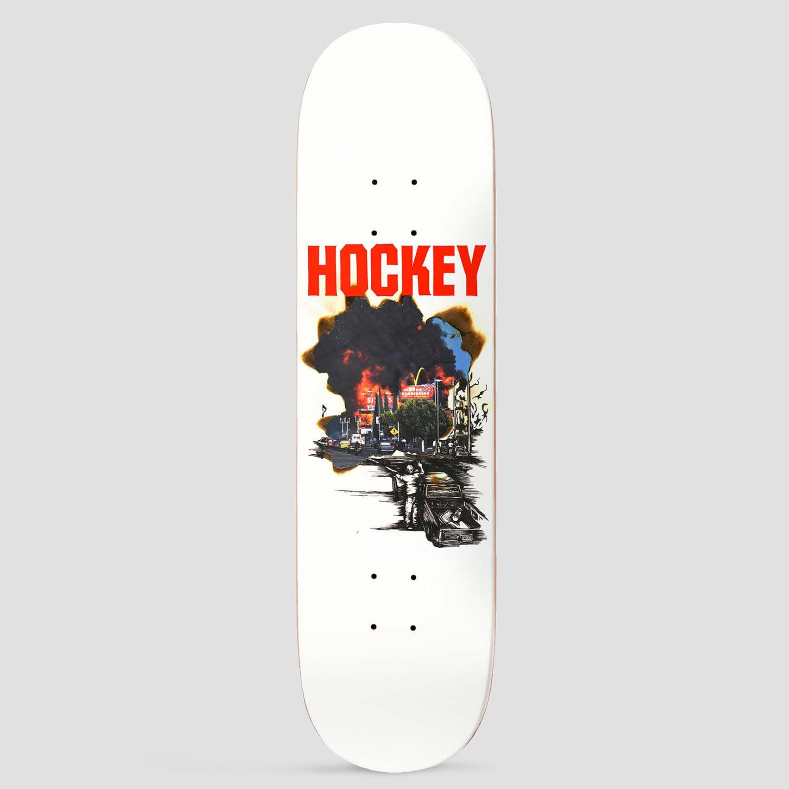 Hockey Tier One John Fitzgerald Shape 1 skateboard deck: A burnt-edged photo of a city street with a huge column of black smoke and fire, with an ink drawing of a person and an old car in front, under a large red HOCKEY logo on white.