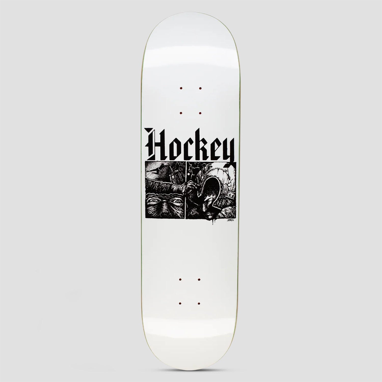 Hockey Middle Earth Nik Stain Shape 2 skateboard deck: Black blackletter 'Hockey' logo above a boxed black and white pen-and-ink scene in two panels, showing staring eyes and a hooded figure with a hand and a mask. Small artist signature at the right of the box.