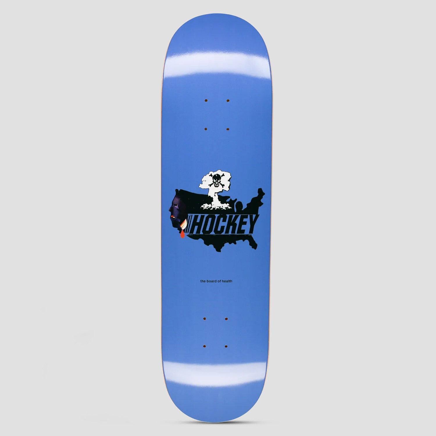 Hockey Board of Health Shape 1 skateboard deck: Black silhouette of the United States with a mushroom cloud topped by a skull and crossbones, and a dark masked face on the west coast. Hockey wordmark across the map, small caption beneath, on plain blue.