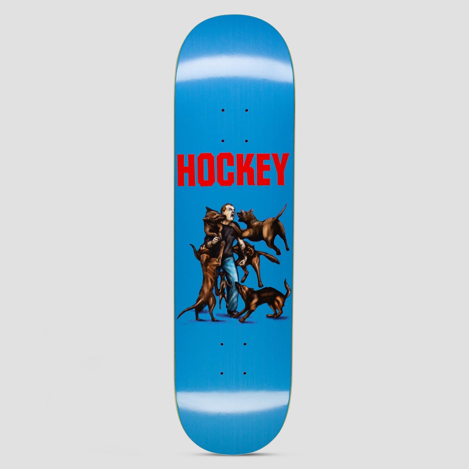 Hockey Incoming John Fitzgerald Shape 1 skateboard deck: Painted scene of a man being attacked by a pack of dogs, some leaping at him, below large red block lettering on a bright blue deck.