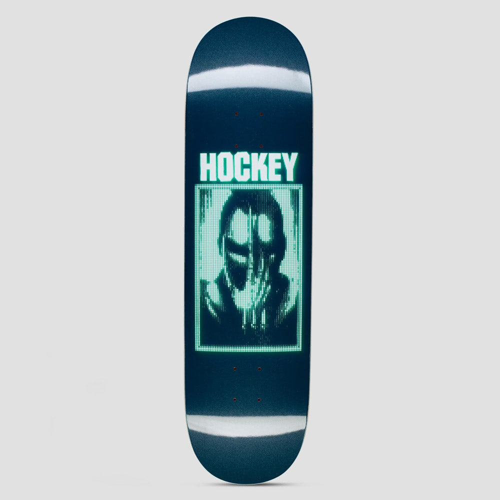 Hockey Side Effects Ben Kadow Shape 2 skateboard deck: Glowing pixelated green portrait of a hooded figure with a hand over the face, in a framed box below the brand name in large glowing capitals on a dark teal deck.