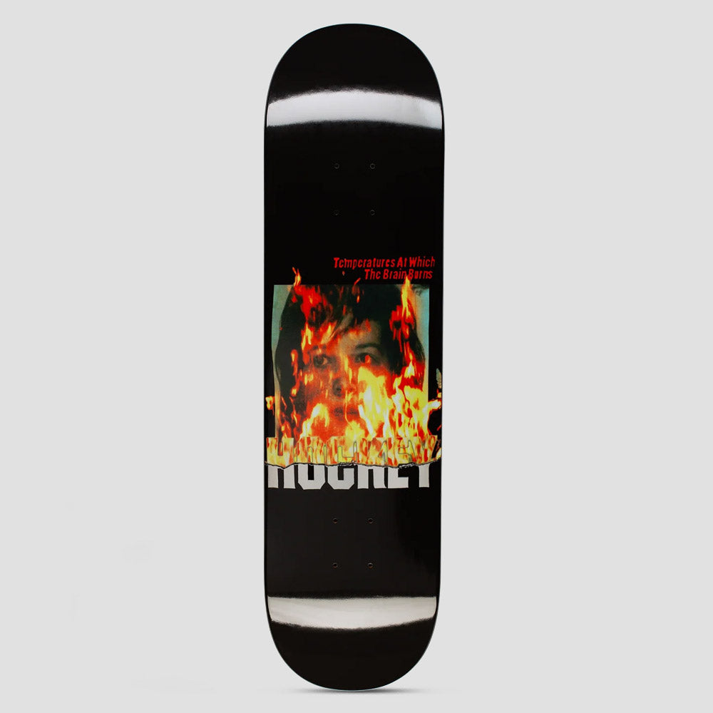Hockey Temperatures Kevin Rodrigues Shape 1 skateboard deck: Photo of a woman's face engulfed in flames above stacked Hockey lettering that also looks to be burning, on a black deck. Red caption sits above the photo.
