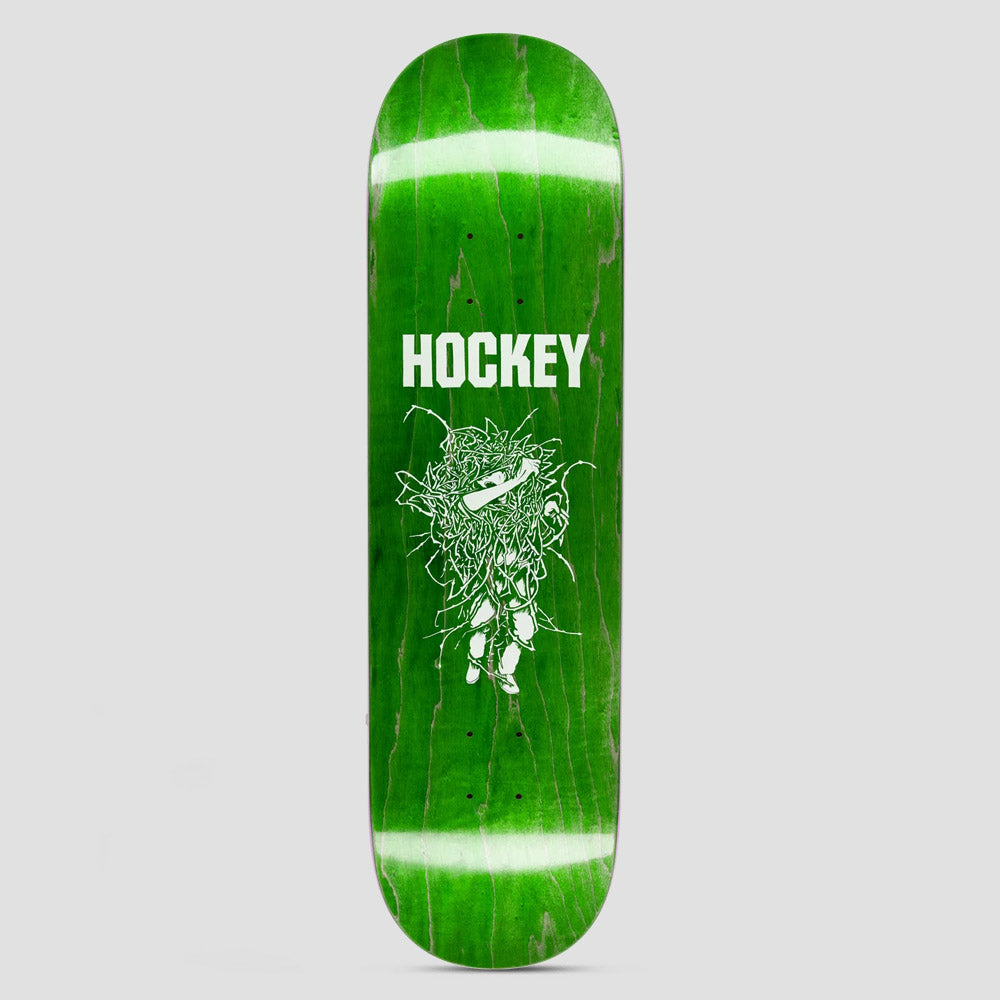 Hockey Tumbleweed Diego Todd Shape 2 skateboard deck: White line drawing of a tangled, scribbled figure with outstretched arm and legs below white 'Hockey' lettering, on a green-stained deck.