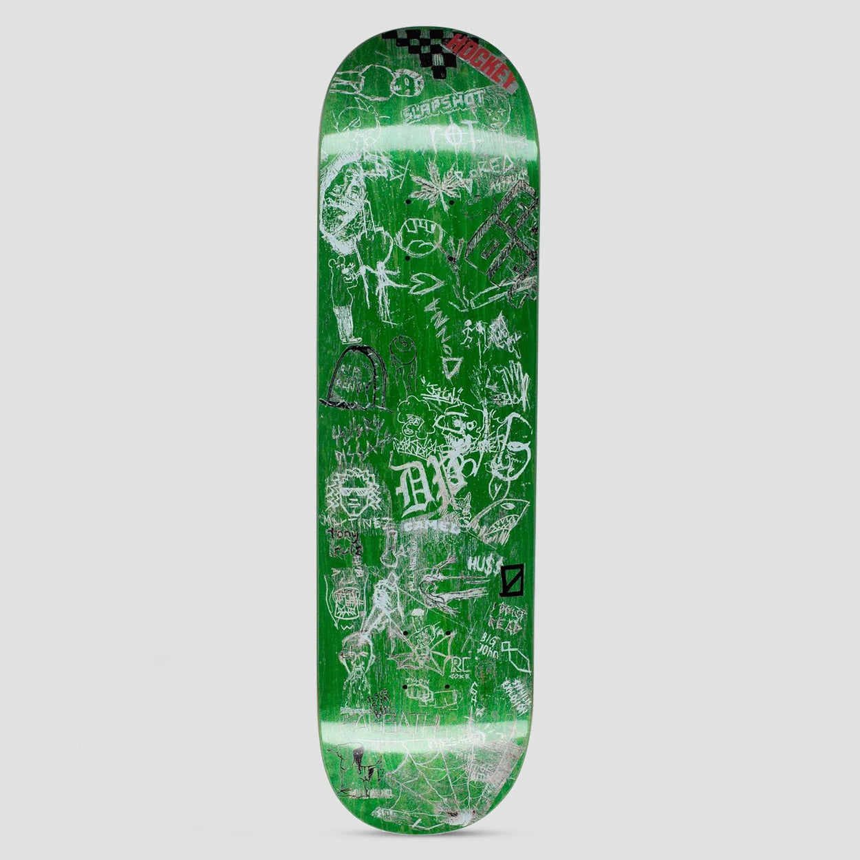 Hockey Desk Carve skateboard deck: Green-stained deck covered in white scratched, desk-carved style doodles: skulls, faces, a leaf, an Old English 'D' and scrawled tags, with a small checkerboard and red Hockey logo at the nose.