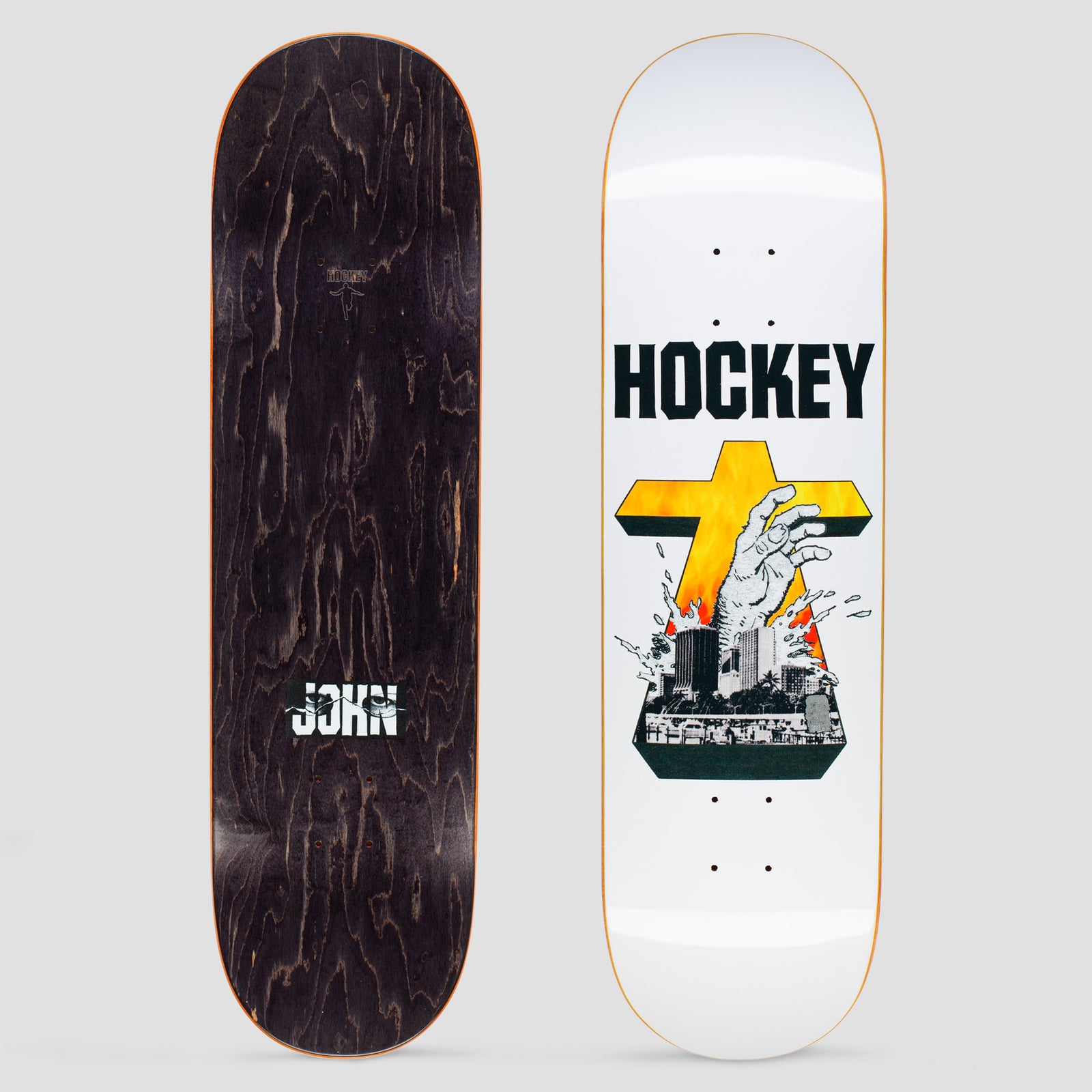 Hockey John Fitzgerald Drowning White skateboard deck: White deck with HOCKEY in black capitals above a yellow and orange cross, in which a large hand reaches up from a city skyline with water splashing. John in white lettering on the black-stained underside; both sides shown.