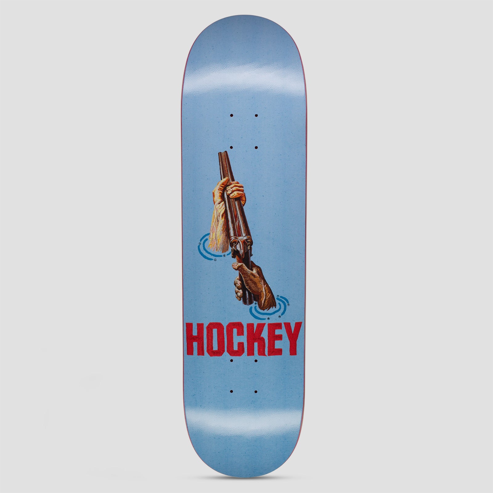 Hockey Shotgun Andrew Allen Shape #1 skateboard deck: Two hands rising from water, one gripping the barrels of a double-barrelled shotgun and the other its stock, with blue ripples around the wrists, above red HOCKEY lettering on a pale blue deck.