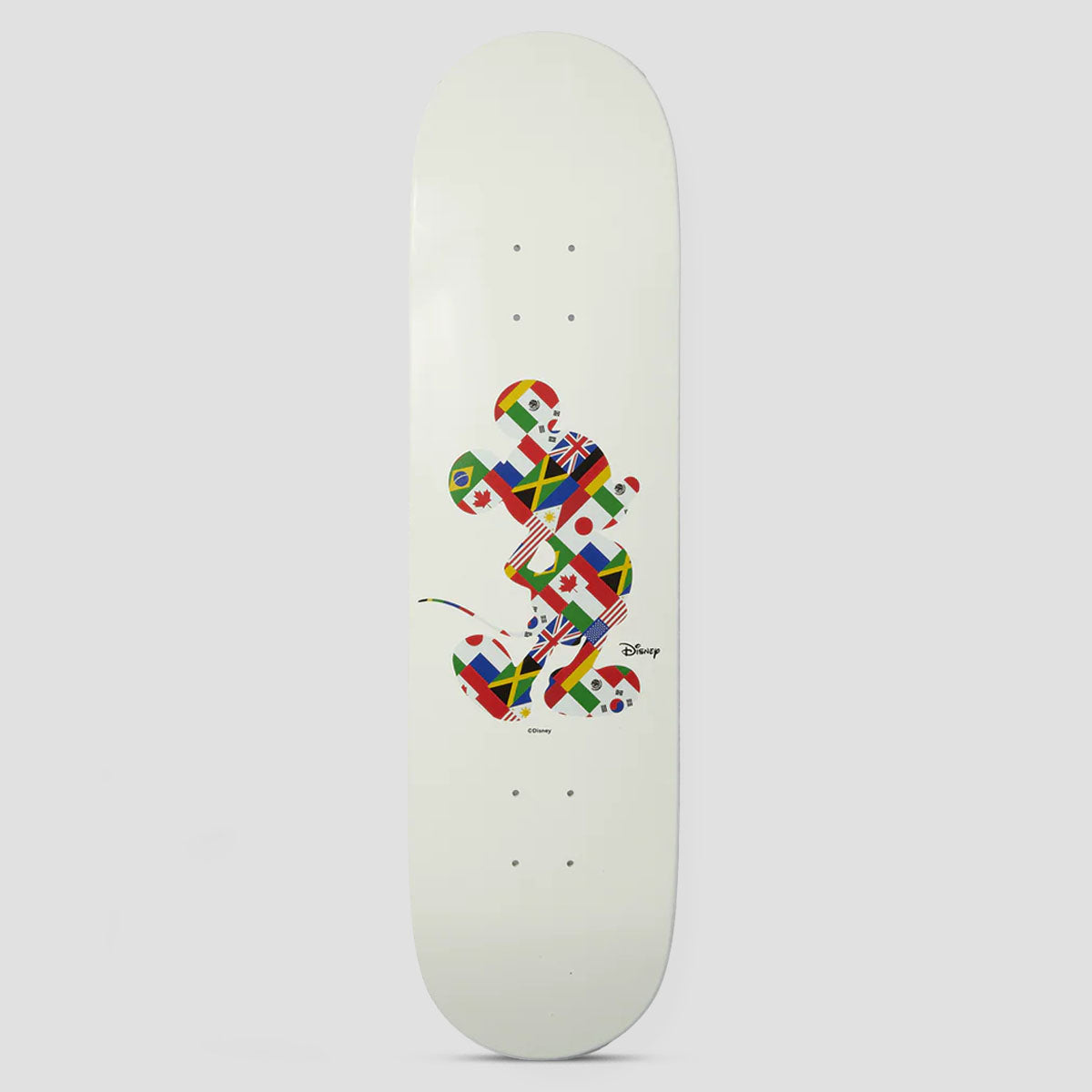 HUF x Mickey Mouse 8.25 Worldwide Tour White skateboard deck: Mickey Mouse silhouette filled with a patchwork of national flags, centred on a plain off-white deck. Small Disney logo and copyright line beside and below.