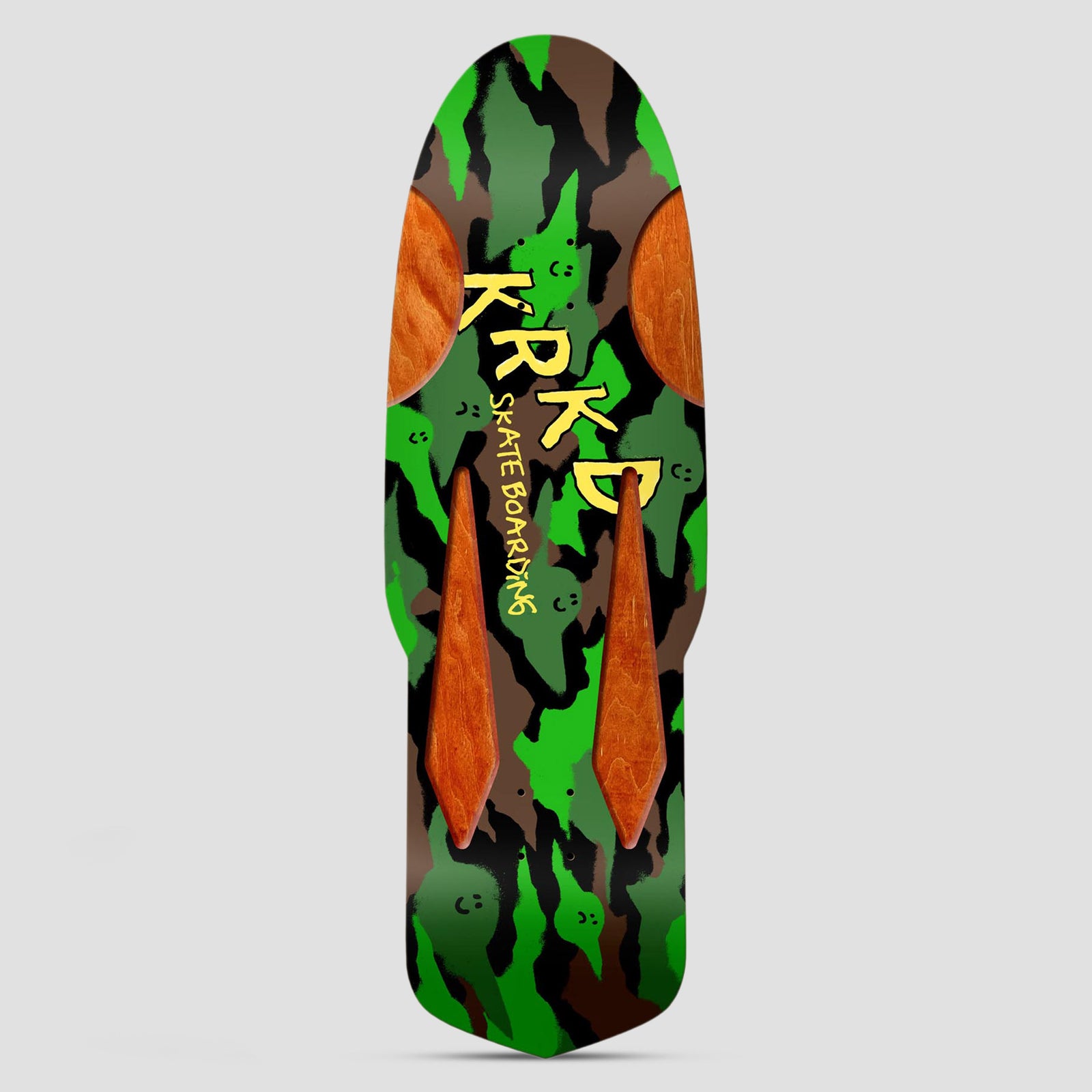 Krooked KR Kamo Diamond Quade Multi skateboard deck: Old-school shaped deck in green, black and brown camouflage with small smiley ghost faces, yellow KRKD Skate Boarding lettering and orange wood-veneer inlays shaped as circles and spikes.
