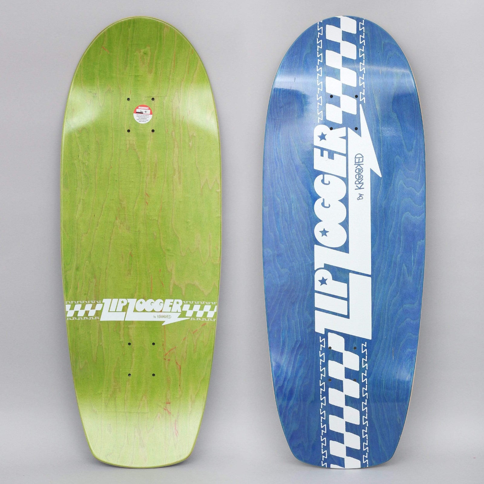 Krooked Zip Zogger skateboard deck: Old-school shaped deck shown from both sides. The blue stained top has a large white ZIP LOGGER by KROOKED logo with a lightning bolt and chequered stripes running down the length. The green underside has a smaller version across the middle.