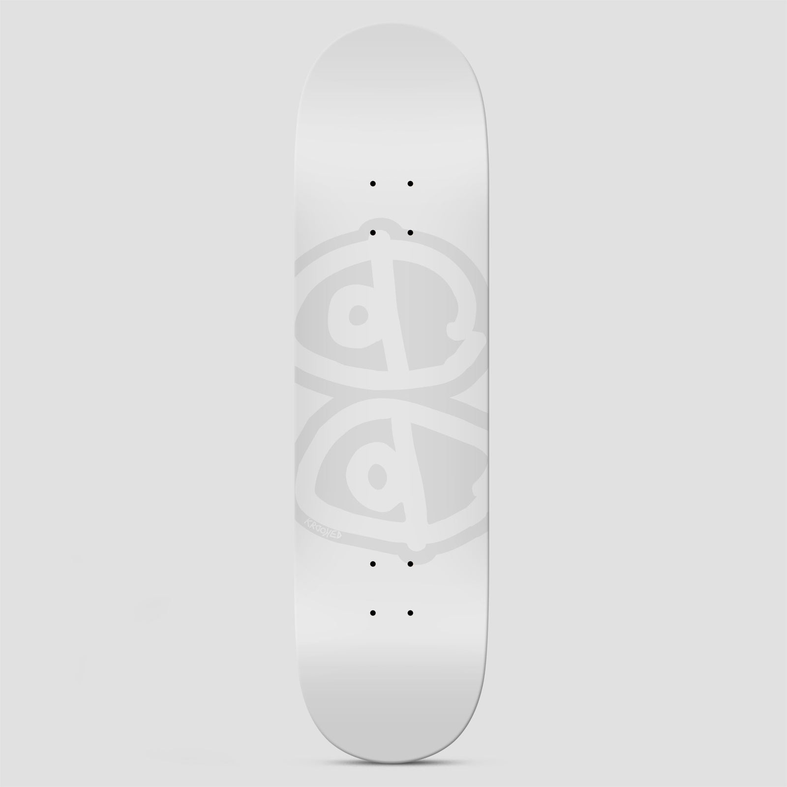 Krooked Eyes White skateboard deck: A large tone-on-tone grey outline of Krooked's scribbled twin 'eyes' logo, stacked vertically, on a plain white deck. A small signature sits near the lower left.