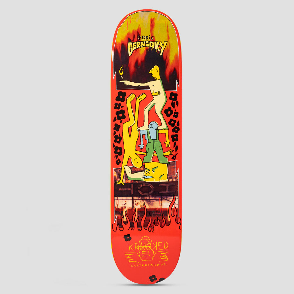 Krooked Cernicky Hot Red skateboard deck: Red deck with cartoonish yellow figures stacked in an acrobatic pile, one pointing, against a flaming black and yellow backdrop. Black flowers run down both sides, with a photo strip reading HOT and flames near the tail.