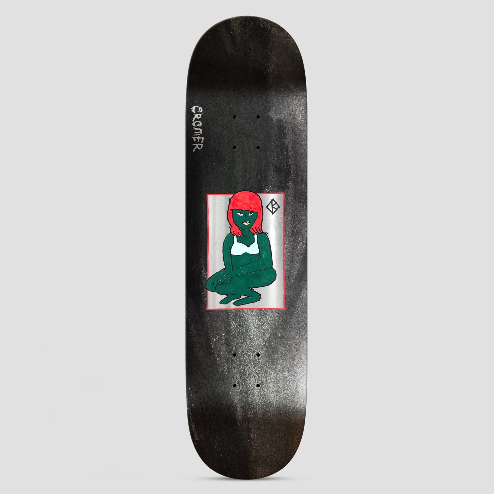 Krooked Cromer The Green Lady DBX Grey skateboard deck: A naive painting of a green-skinned woman with a red bob, in a white bra, crouching inside a framed silver panel on a grey-black stained deck. A small Krooked 'K' mark sits at the top right, with the rider's surname written down the side.