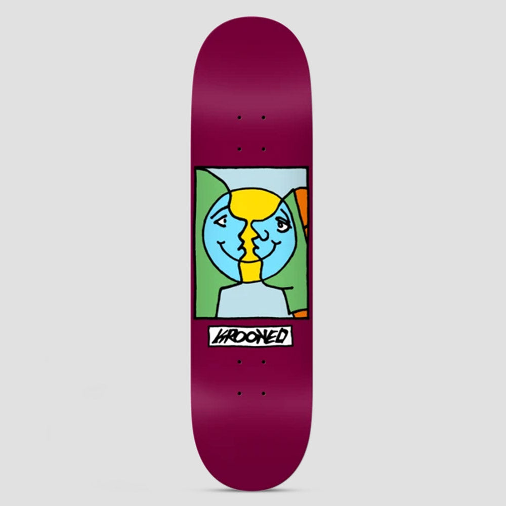 Krooked Easy Rider Moonsmile Maroon skateboard deck: Maroon deck with a framed cartoon of two smiling moon-like faces in blue and yellow looking at each other, against green and orange shapes. The brand name sits on a white label below.