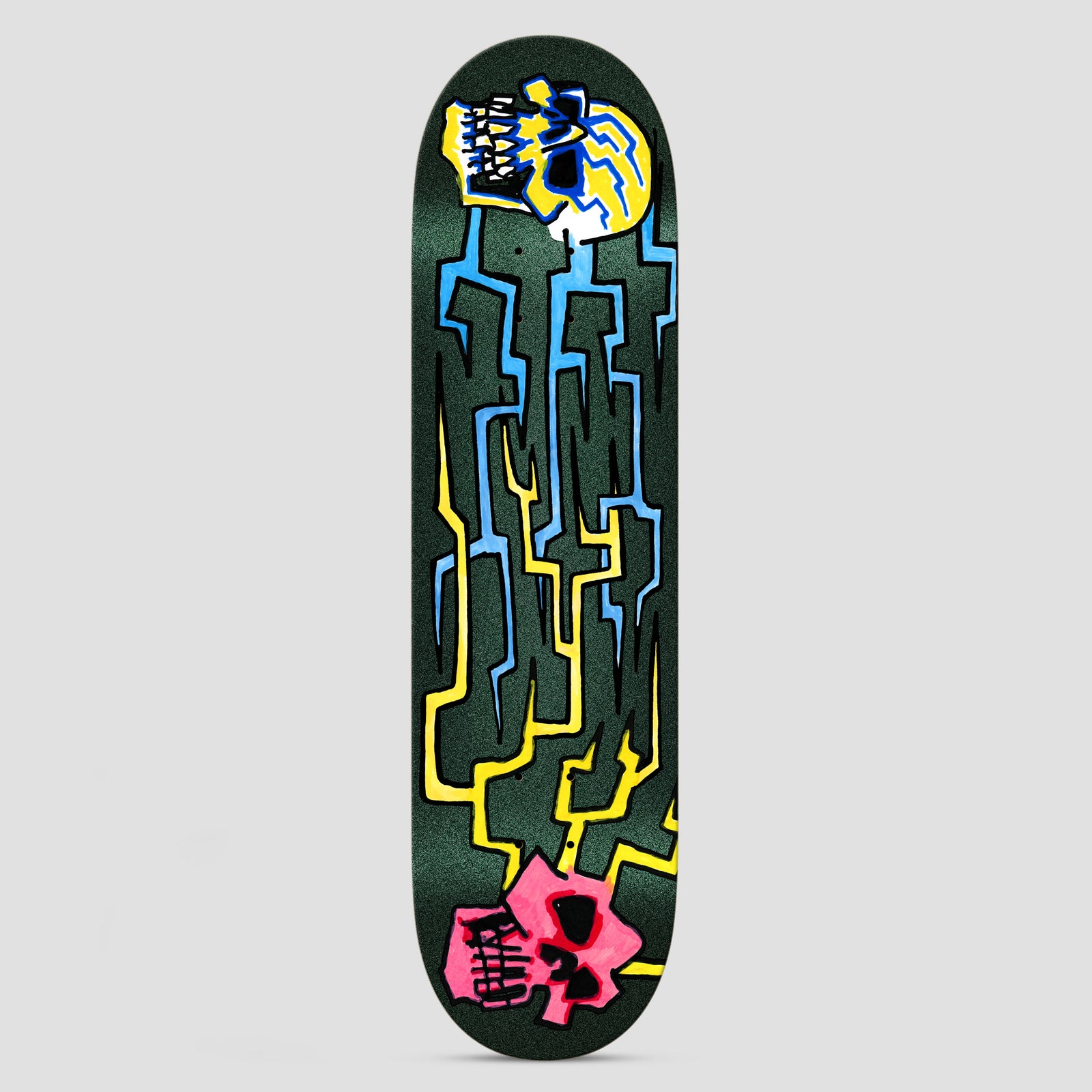 Krooked Worrest Skulls And Bolts Twin Tail Slick skateboard deck: Dark green speckled deck with a maze of jagged yellow, blue and black zigzag lines linking a yellow skull at the top to a pink skull at the bottom, in a rough hand-drawn marker style.