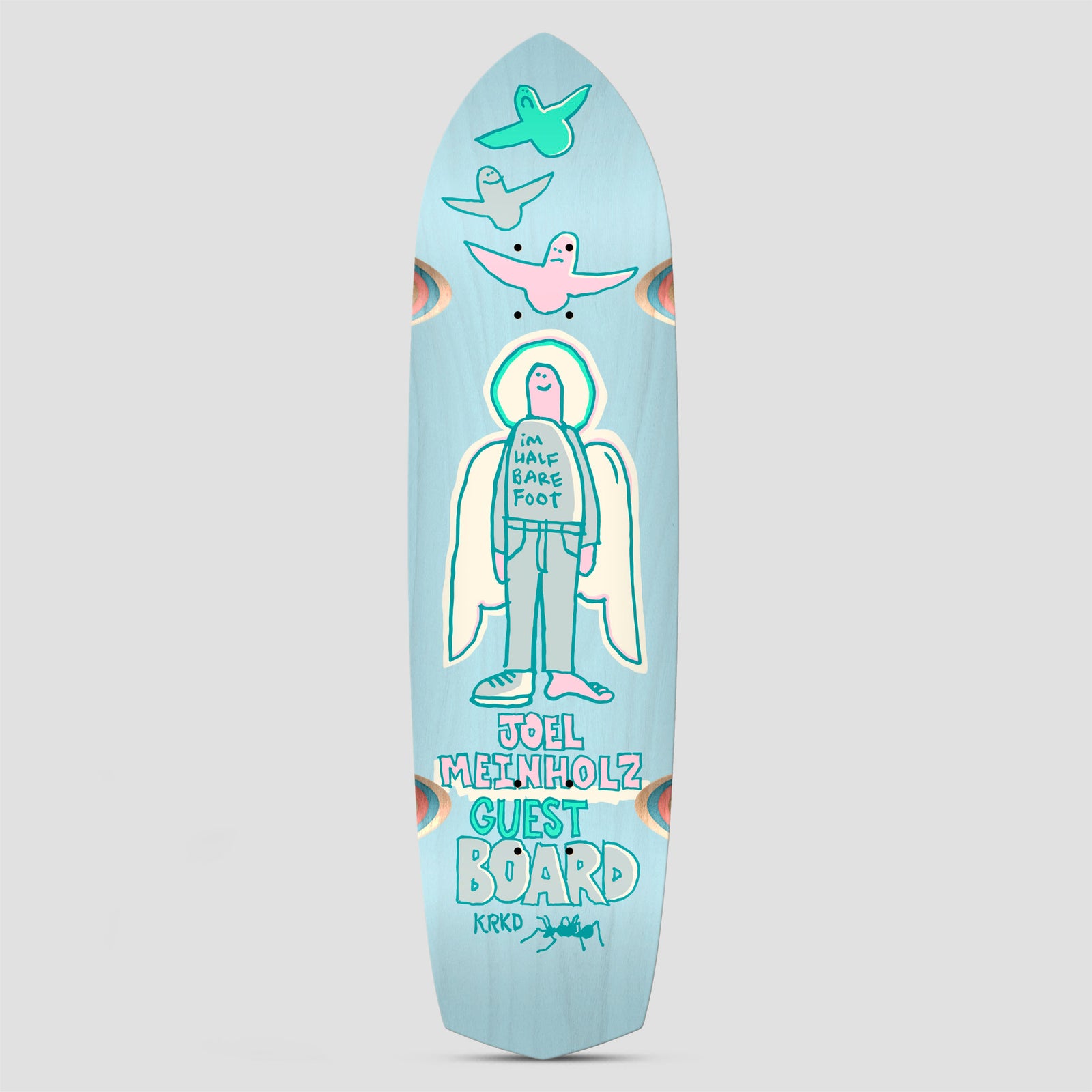 Krooked Joel Meinholz Guest Pro Zig Zagger Light Blue skateboard deck: Naive hand-drawn angel figure with a halo and wings, wearing a sweatshirt, above three small birds, on a pale blue shaped deck. Pastel mint, pink and cream outlines with hand-lettered name and guest board text.