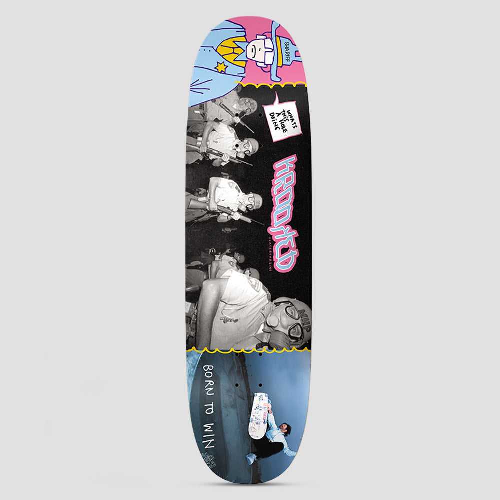 Krooked Team Shaped Re-Issue Twin Nose Multi skateboard deck: Black and white photo of masked, goggled men with rifles in the centre under pink and blue Krooked lettering, with a cartoon sheriff at the nose and a colour photo of a skater at the tail.