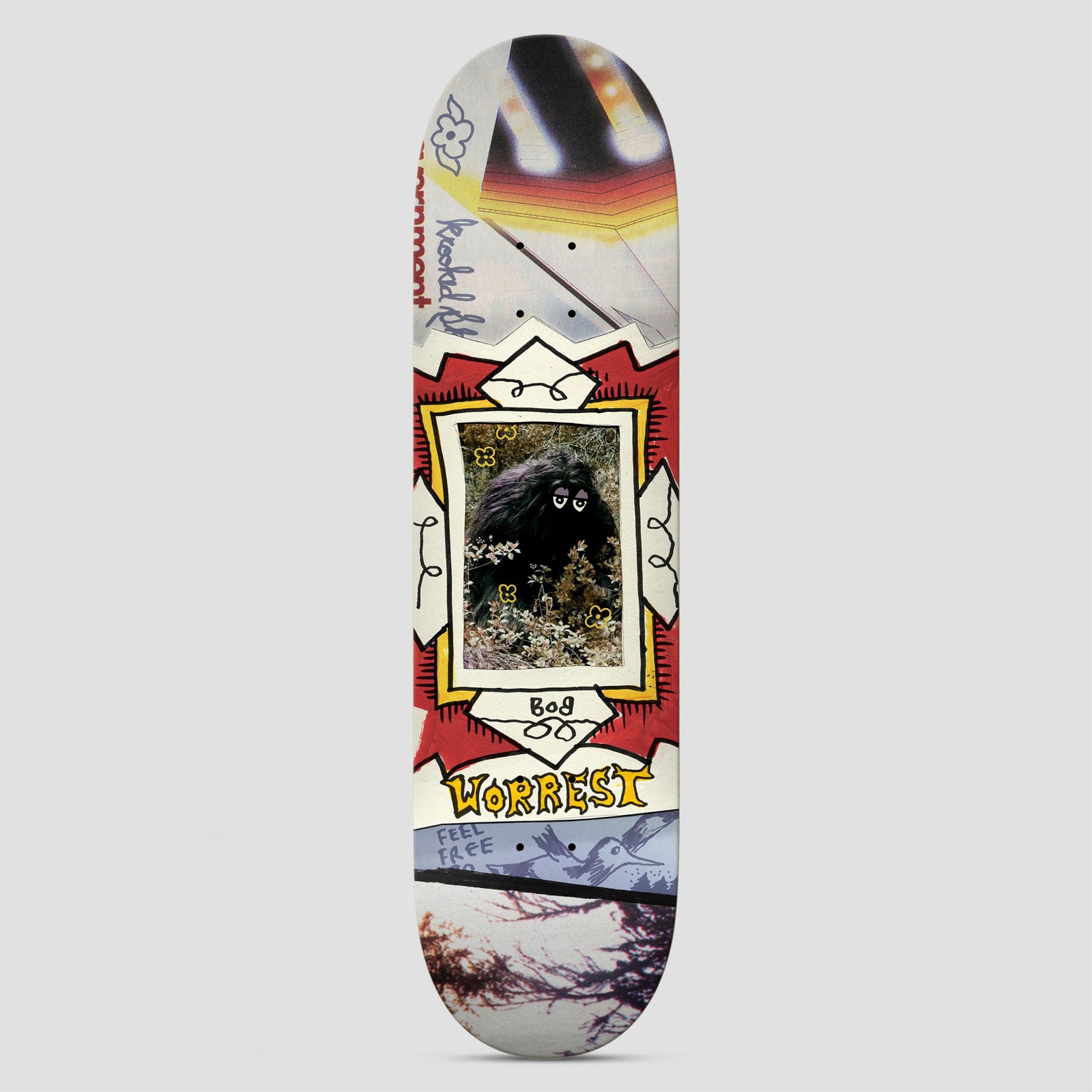 Krooked Worrest Big Foot Twin Tail skateboard deck: Collage graphic with a framed photo of a shaggy black creature with cartoon eyes peering through bushes, set in a hand-drawn red and yellow ornamental frame, over cut-up magazine-style images of lights, birds and branches.
