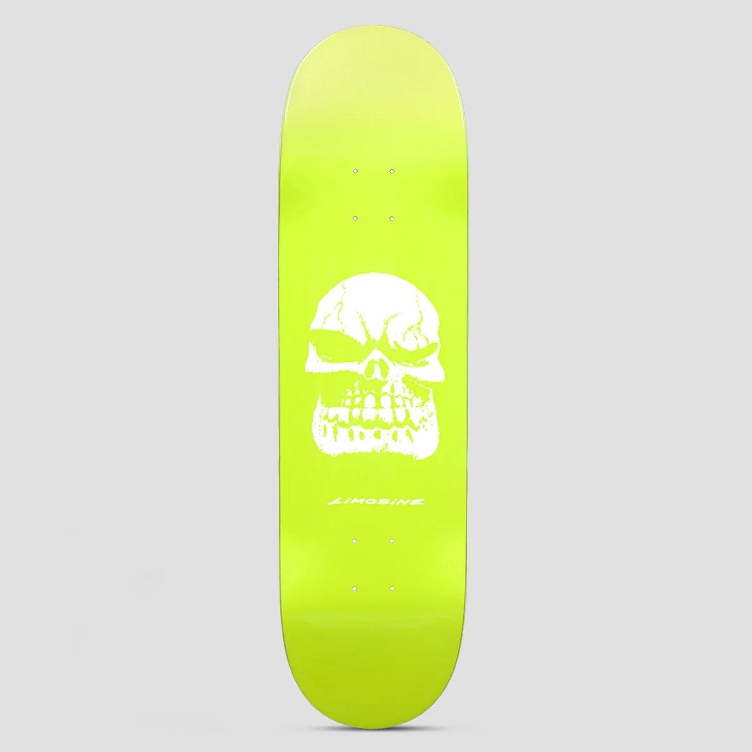 Limosine Cyrus Bennett Skol skateboard deck: Fluorescent yellow-green deck with a large white grungy skull in the centre and small Limosine text below it.