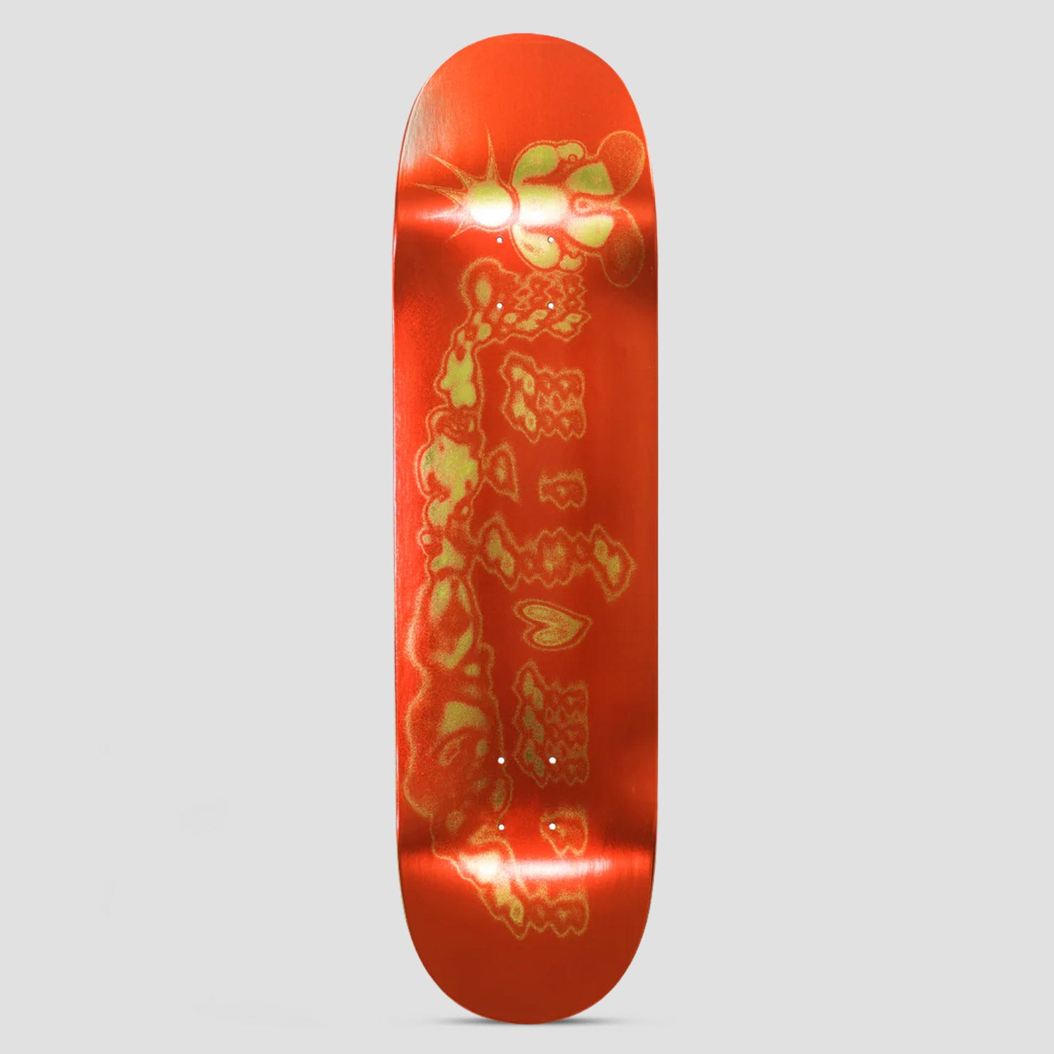 Limosine Nelly Morville Spiker skateboard deck: Metallic red deck with a distorted, blurred gold-green graphic of a cartoon-like character and bubble-style lettering with a heart, with a glinting star at the top.