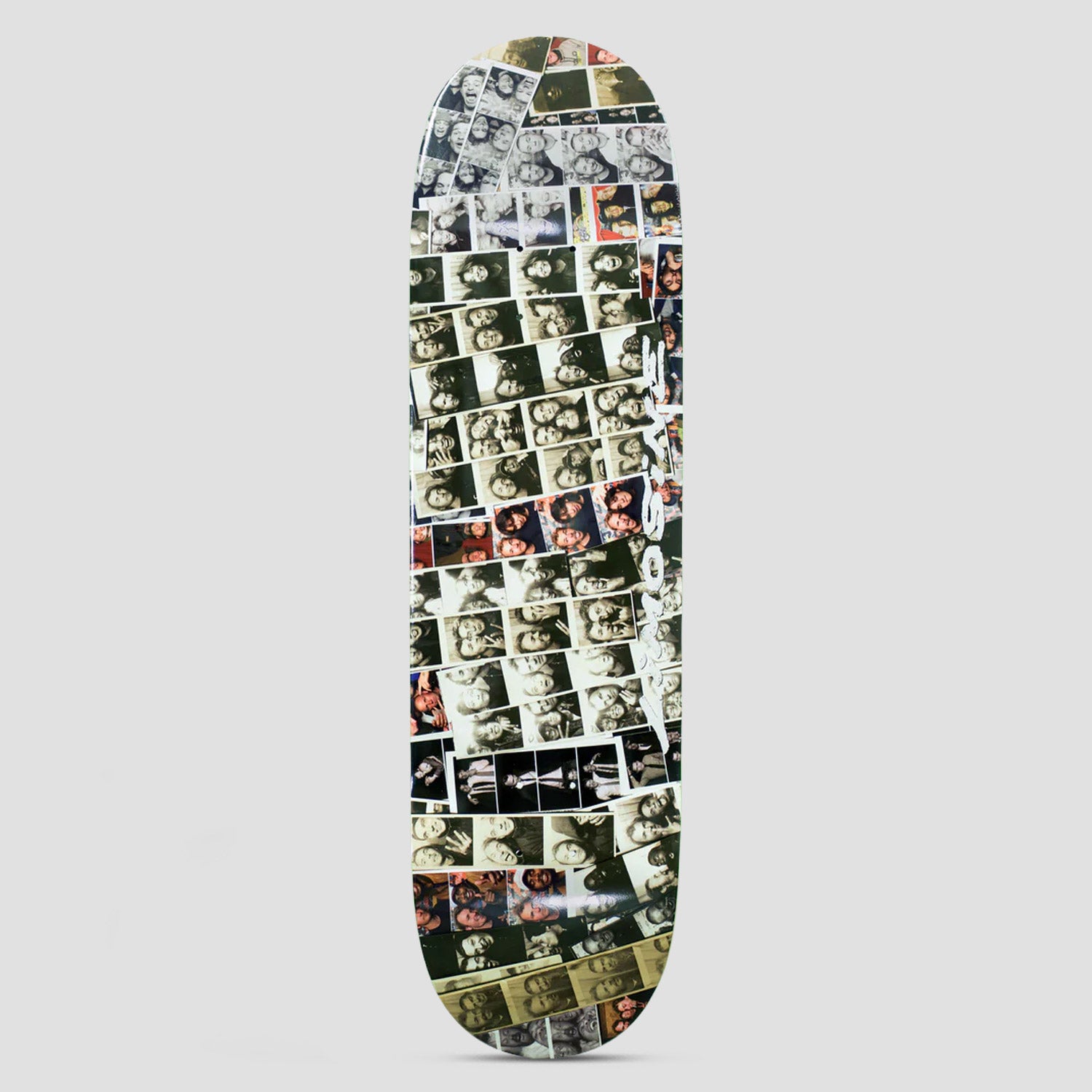 Limosine Max Palmer Photo Booth skateboard deck: All-over collage of photo-booth strips and snapshots of people posing in pairs and groups, in black and white and faded colour, overlapping across the whole deck. A white handwritten mark runs across the middle.