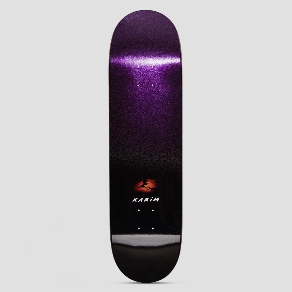 Limosine Third Eye Karim Callender Glitter skateboard deck: Glittery purple-to-black gradient deck with a small orange and black artwork patch and the word KARIM in white handwritten letters near the tail.