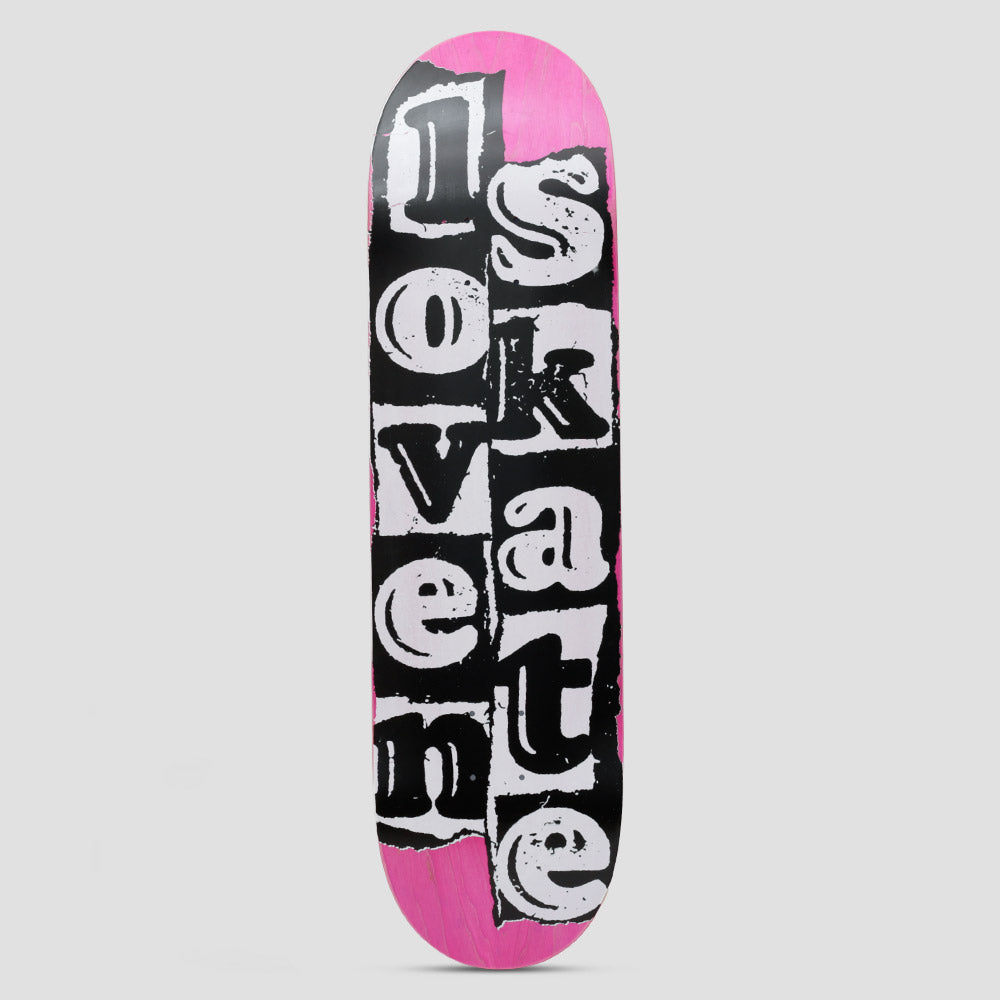 Lovenskate Logo Team skateboard deck: Ransom-note style lettering spelling Lovenskate in cut-out white letters on black torn paper strips, set over a pink deck.