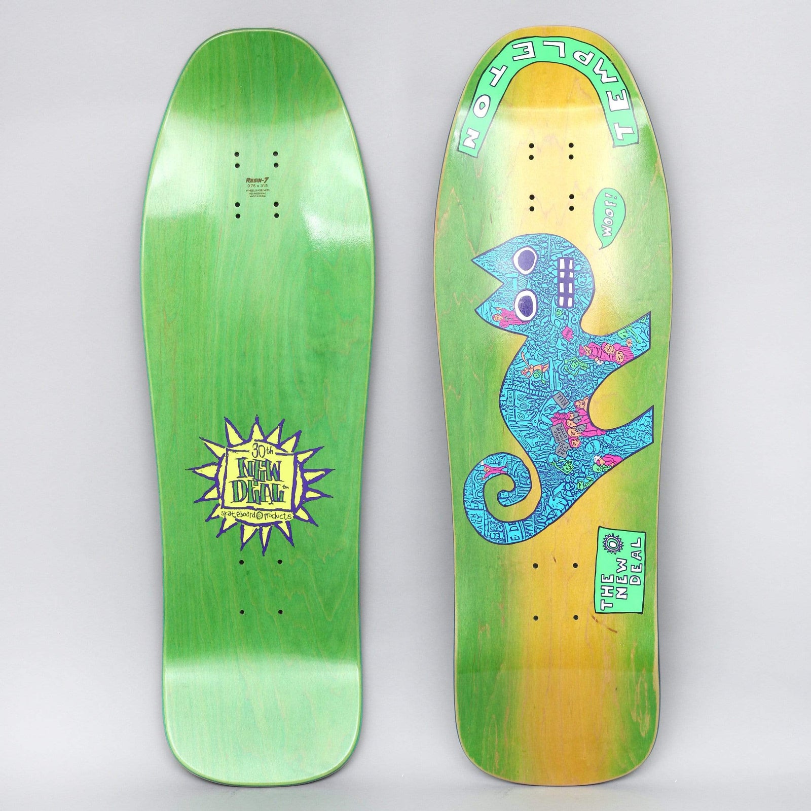 New Deal Templeton Cat Neon skateboard deck: Blue cat filled with doodled detail, with a speech bubble saying Woof, under an arched green Templeton name, on a green and yellow stained old-school shape with a New Deal label. Underside shows a yellow sun-shaped 30th logo.