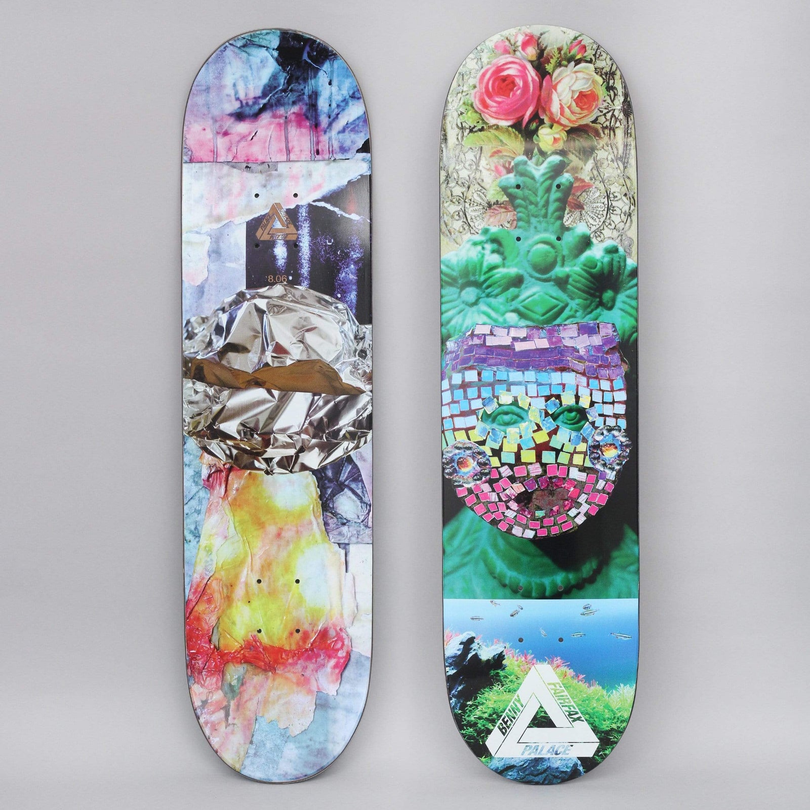 Palace Fairfax Pro S21 skateboard deck: Collage of pink roses over a green ornate bust whose face is replaced by colourful mosaic tiles, above an underwater plant scene, with the Palace triangle logo. The second deck is abstract torn paper with crumpled foil.