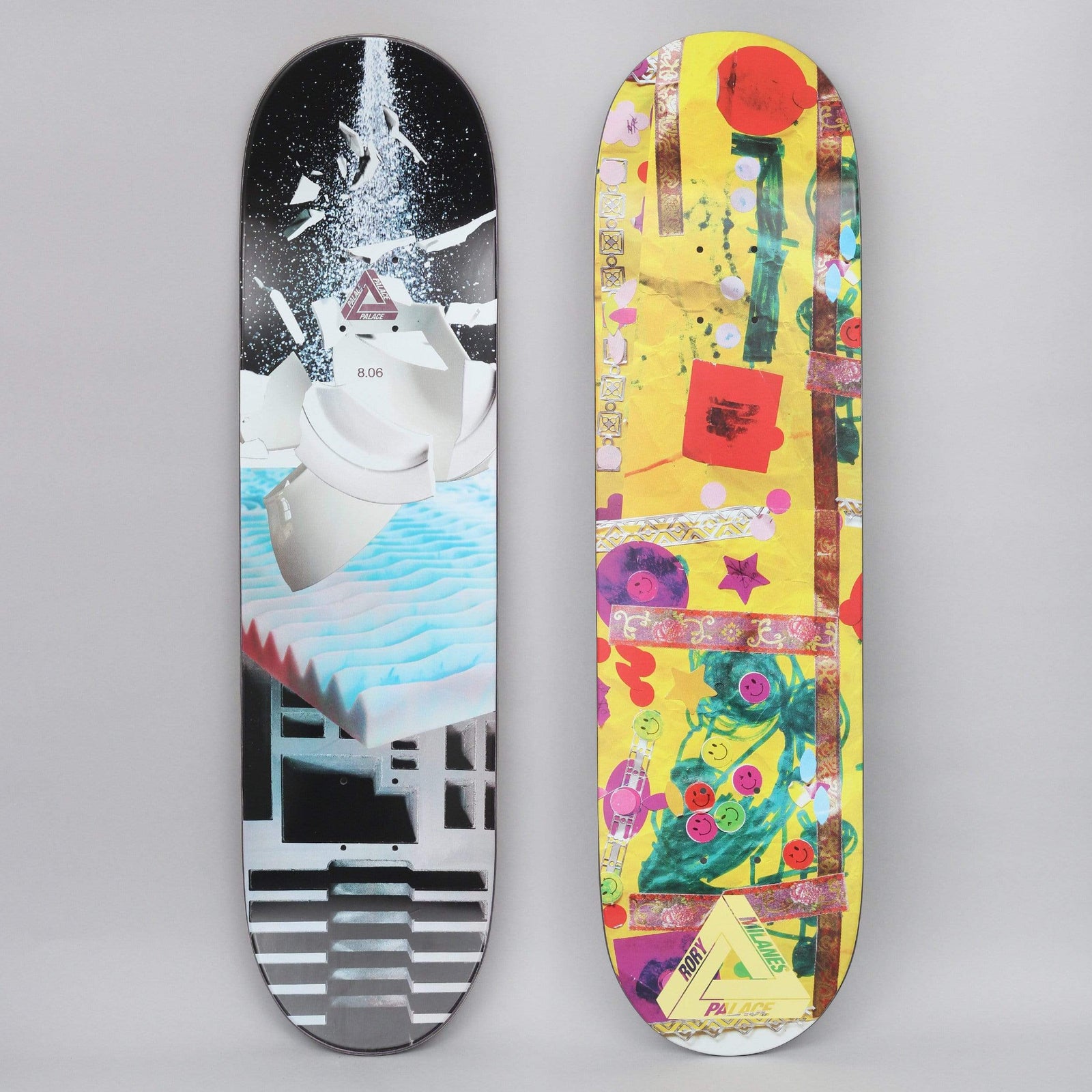 Palace Rory Pro S21 skateboard deck: Two decks shown. One has a surreal 3D render of broken white sculptural forms falling over a pale blue ribbed surface above dark steps; the other is a yellow collage of sparkly stickers, smiley faces, tape and painted shapes with a Palace triangle.