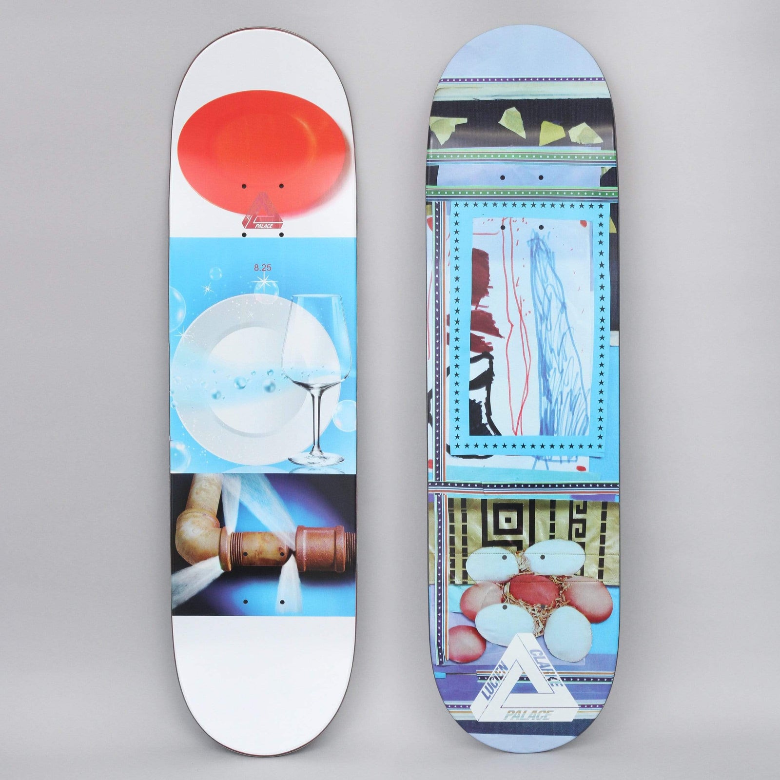 Palace Clarke Pro S21 skateboard deck: A collage of panels in blues, with a child-like drawing in a starry frame, a cluster of pale eggs and decorative borders, topped with a Palace triangle logo and rider name. The other side shows a red oval, a plate and wine glass, and a rusty tap spraying water.