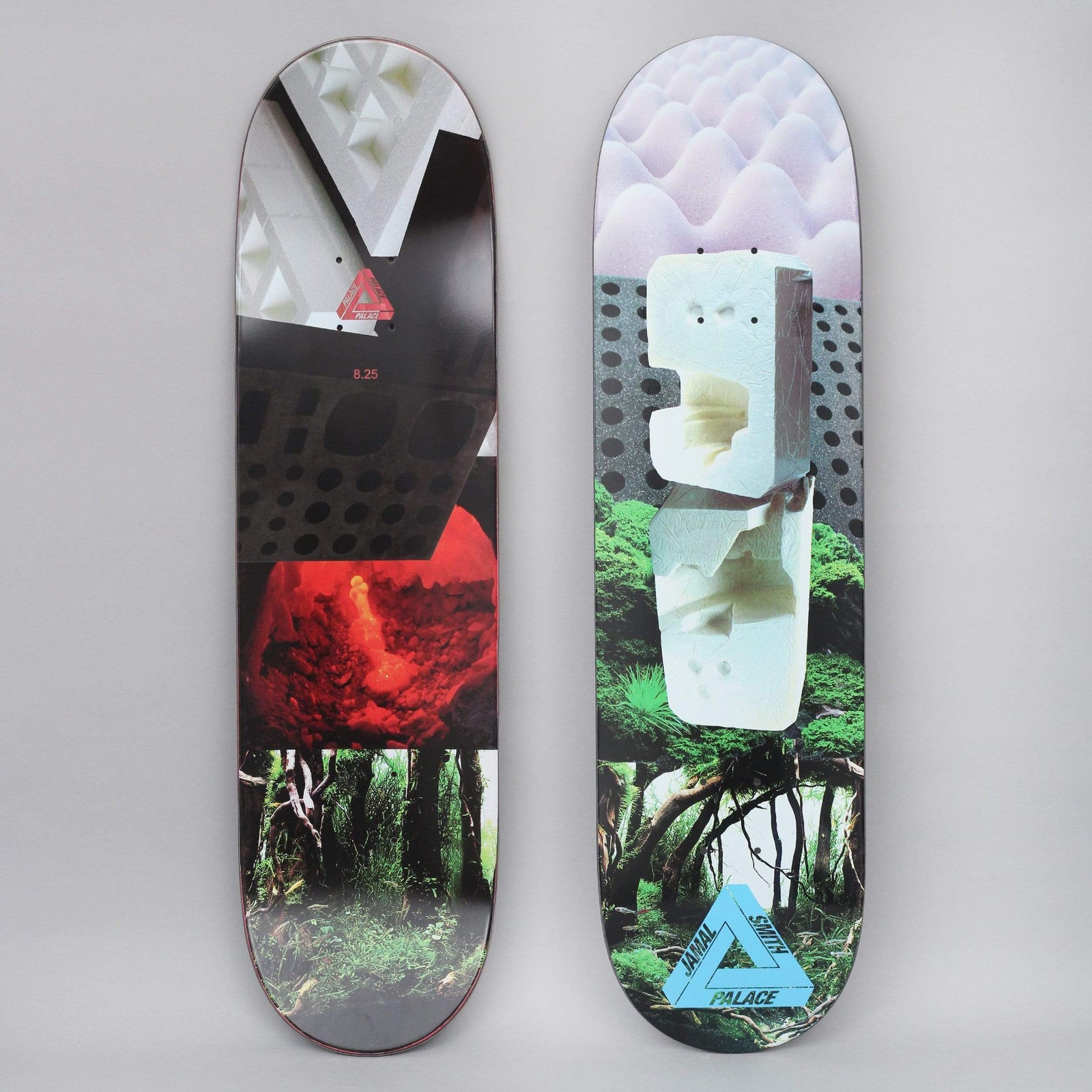 Palace Jamal Pro S21 skateboard deck: Photo collage with a pale foam sculpture resembling a totem head, set between purple egg-box foam above and green jungle foliage below. The Palace tri-ferg logo appears in blue at the bottom with the rider's name.