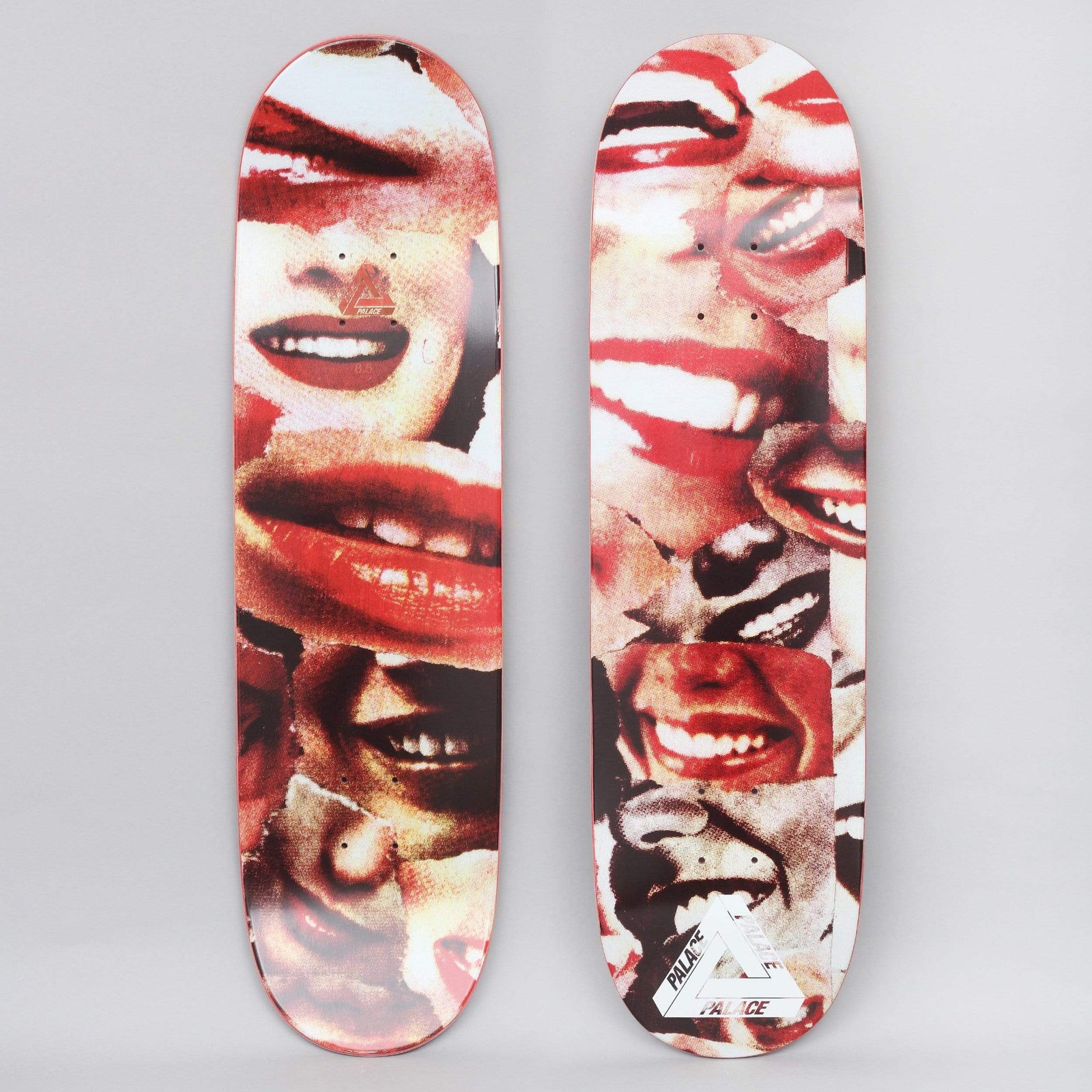 Palace John & Molly Mouf skateboard deck: Collage of torn magazine-style close-ups of smiling red-lipped mouths and teeth covering the whole deck, with a Palace tri-ferg logo in white near the tail. Both top and a second view shown.