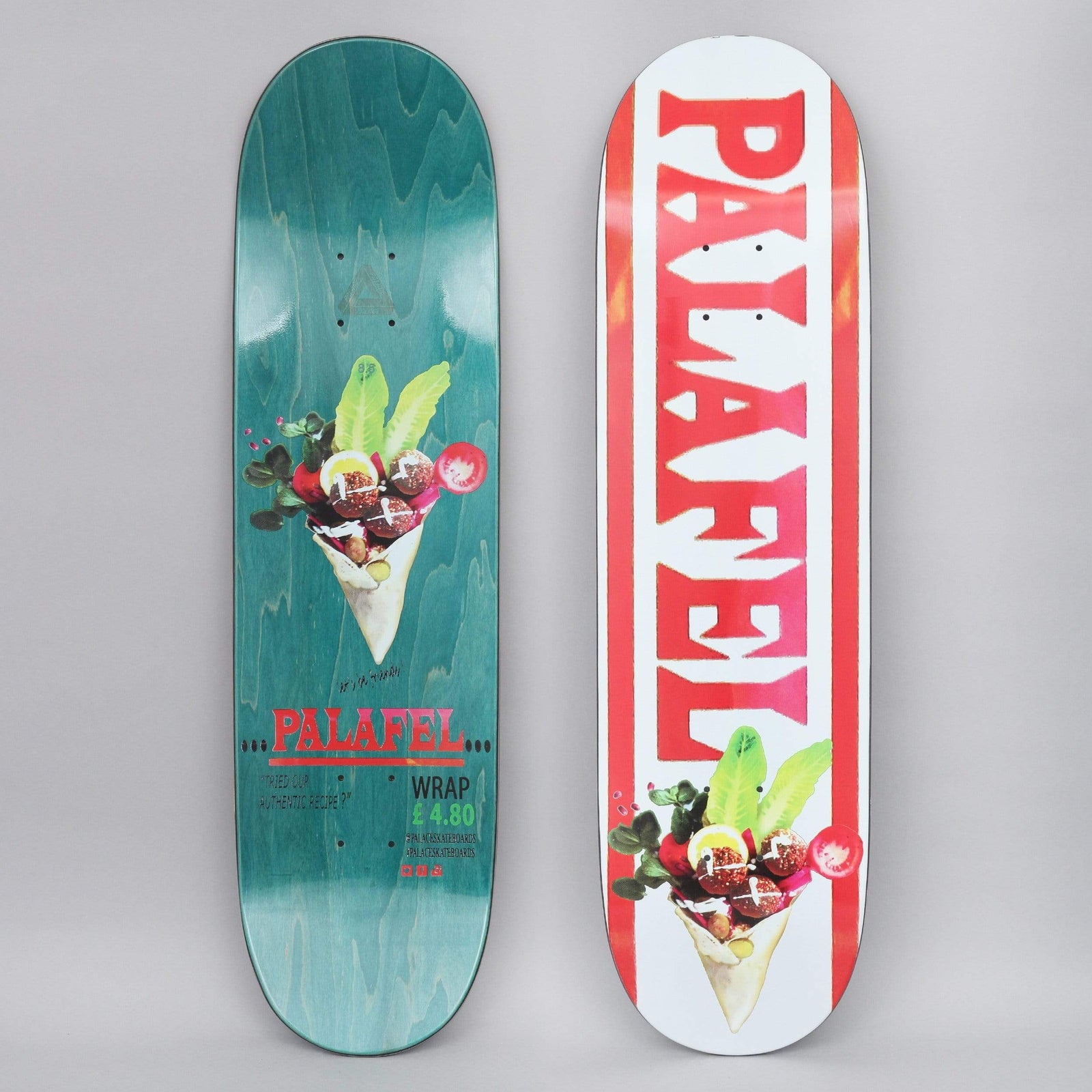 Palace Palafel skateboard deck: A falafel wrap with lettuce, falafel balls and tomato photographed on a white deck, below large red 'Palafel' lettering framed by red side stripes. The underside repeats the wrap with a price tag, on teal stained wood.