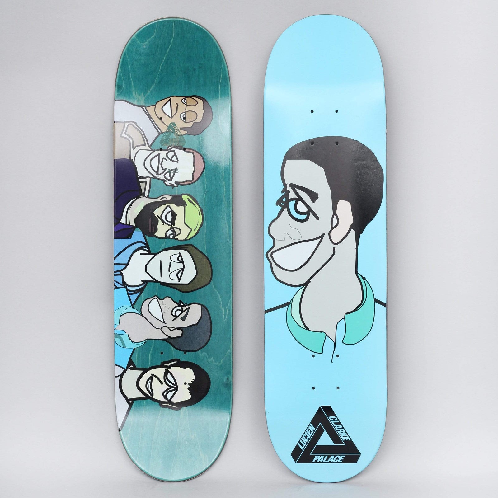 Palace Clarke Pro S20 Cyan skateboard deck: Cartoon caricature portrait of a smiling man with dark hair and a teal collar on a pale blue deck, with a black Tri-Ferg logo and name by the tail. The teal-stained underside shows a row of six cartoon faces.