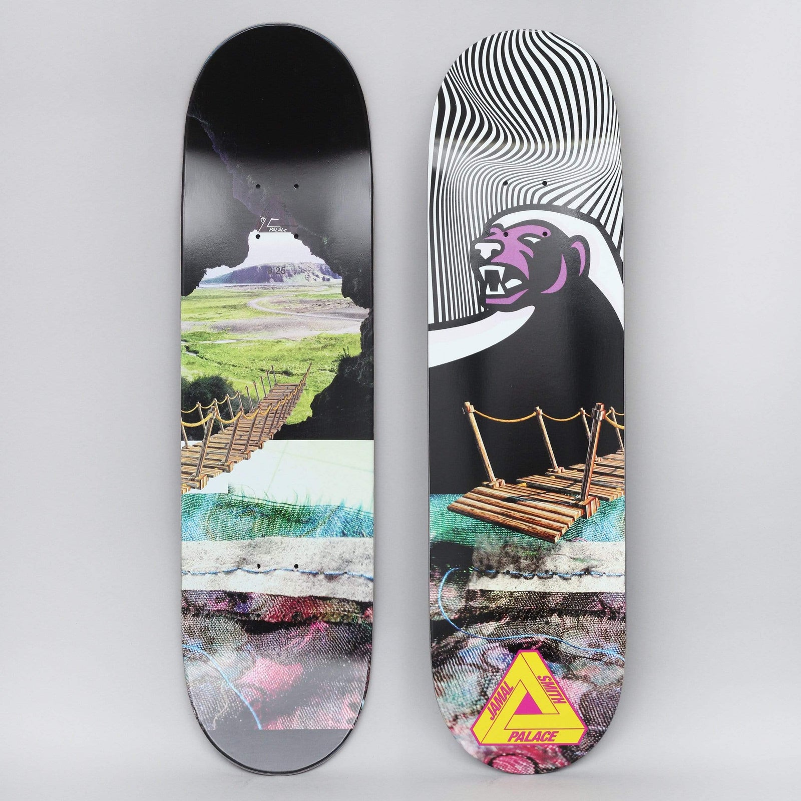 Palace Jamal Pro skateboard deck: Two decks shown. Collage of a rope-and-plank suspension bridge over layered landscape and fabric textures, with a black badger-like animal with a purple face against op-art black and white stripes. Palace tri-ferg logo at the tail.