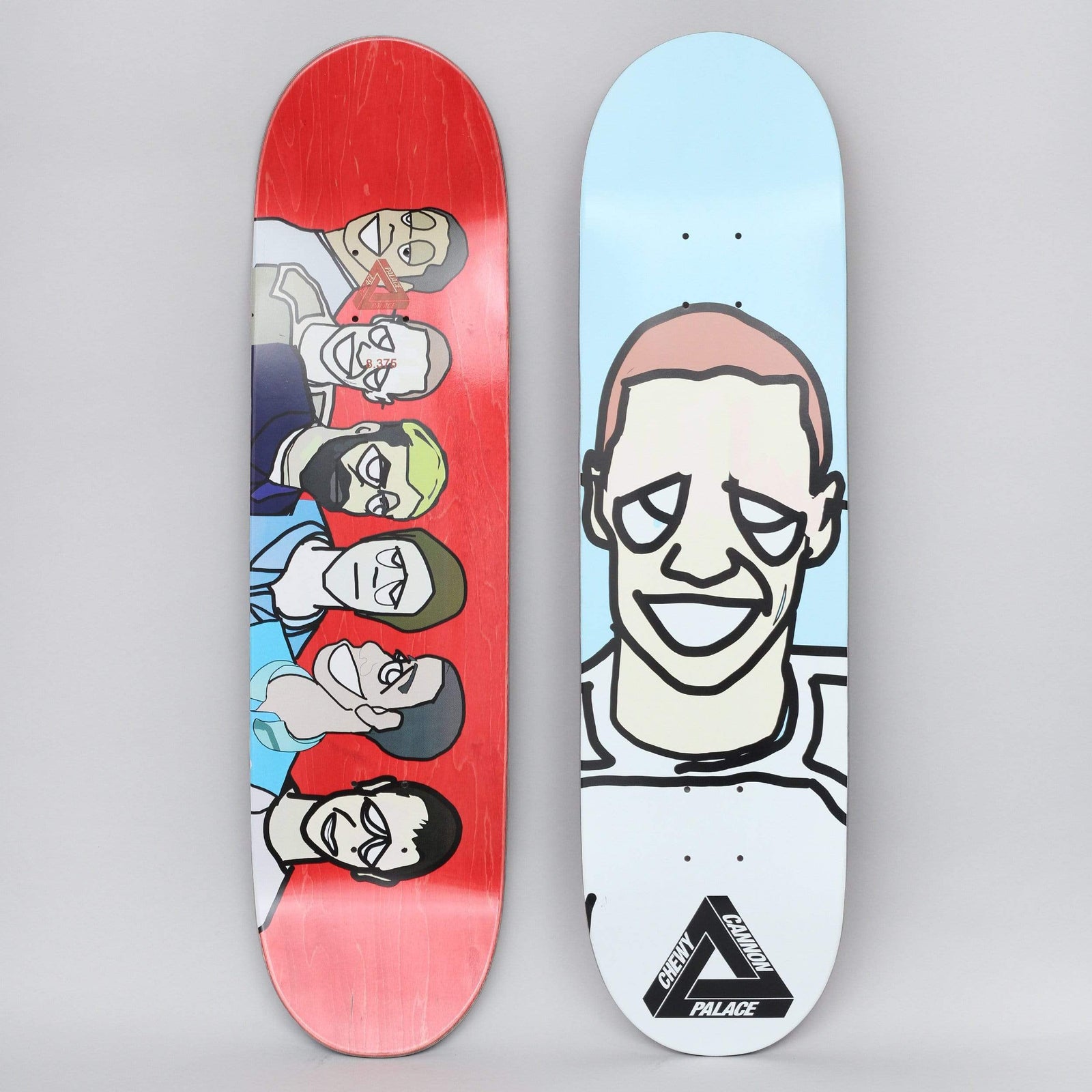 Palace Chewy Pro S20 Light Blue skateboard deck: Two sides of a deck: one shows a large cartoon face with a wide smile and pink hair on light blue, with a black Palace triangle and name; the other shows a line of six cartoon heads on red.