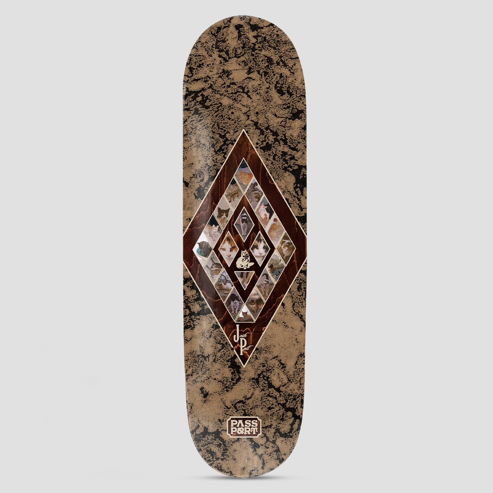 Passport Josh Yearbook Series skateboard deck: A brown diamond frame inlaid with small diamond-shaped photos of cats, with a tiny cat figure in the centre, on a marbled brown and black deck. Small signature and Passport logo.