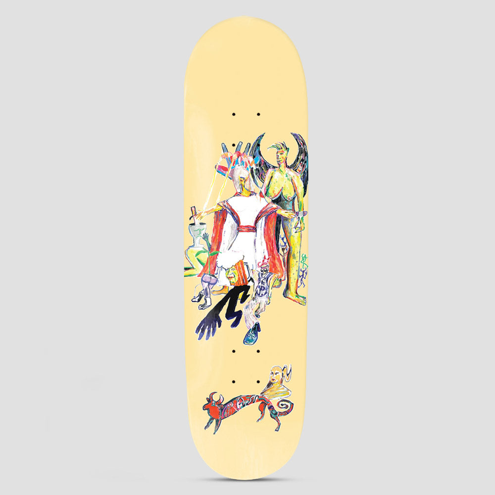 Passport Heaven & Hell Series Bull skateboard deck: A loose, painterly scene of a winged figure and a robed figure with a puppet-like hand, surrounded by small odd creatures and a red bull-like animal at the tail, on a pale yellow deck.