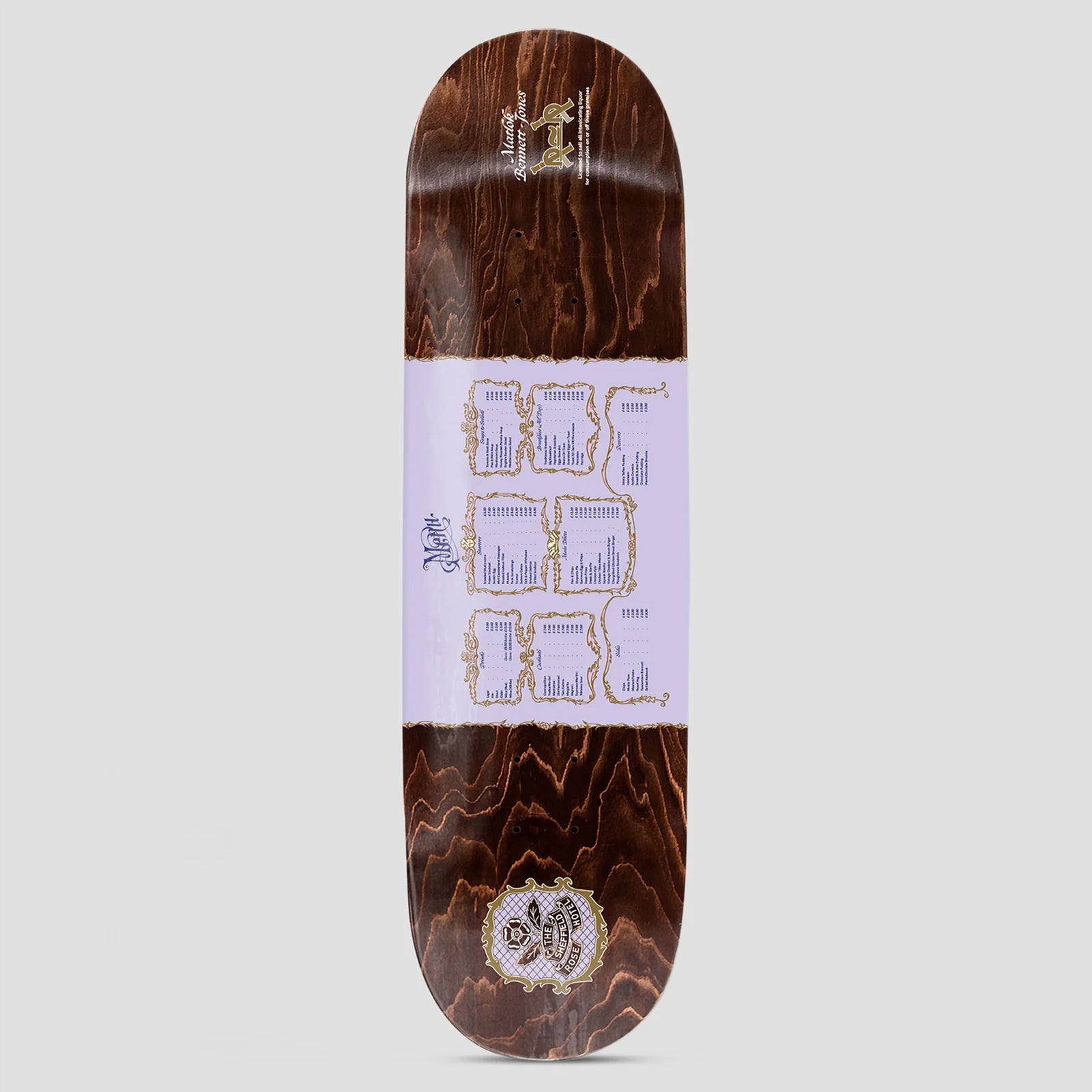 Passport Menu Pro Series Matlok skateboard deck: Brown wood-stained deck with a lilac band across the middle showing a restaurant menu laid out in ornate gold frames. Pro name and logo at the top, with a gold crest at the tail.
