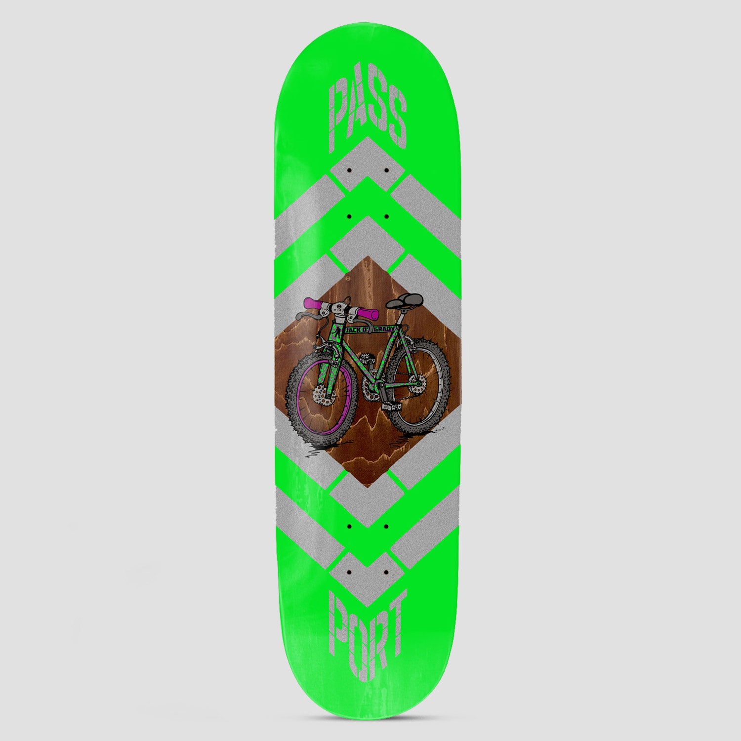 Passport One Speed Jack skateboard deck: Illustrated mountain bike on a brown wood-effect diamond, framed by silver chevrons on a neon green deck. PASS and PORT lettering is stacked at each end.