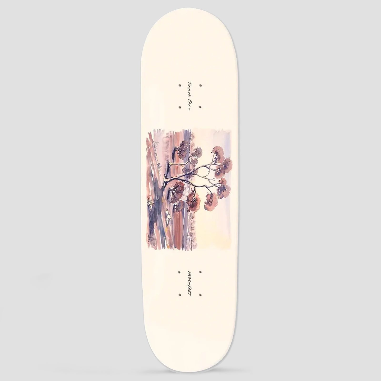 Passport Pro Series Josh Dorothy skateboard deck: Watercolour landscape of a spreading tree with russet blossoms against a pale sunset sky, in a rectangle on a cream deck with small script names near the nose and tail.