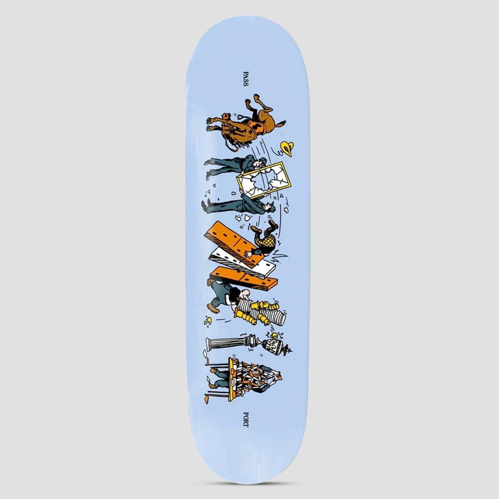 Passport Singles Take Care skateboard deck: Vertical line of comic-style figures knocking each other over like dominoes: a bucking horse, police officers, a smashed window, giant dominoes, chess pieces and a pillar. Pass and Port are printed at the ends of a light blue deck.