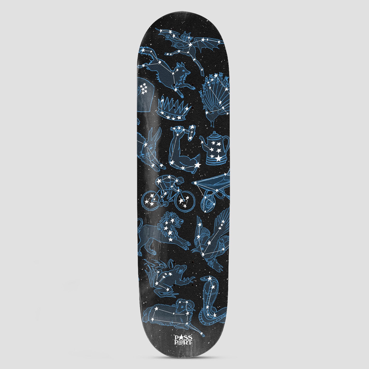 Passport Stargazer Series East skateboard deck: Black starry deck covered in blue-outlined constellation drawings with white stars, including a wolf, a lion, a snake, a cyclist, a wheelbarrow, a coffee pot, a crown and a peacock. Passport logo at the bottom.