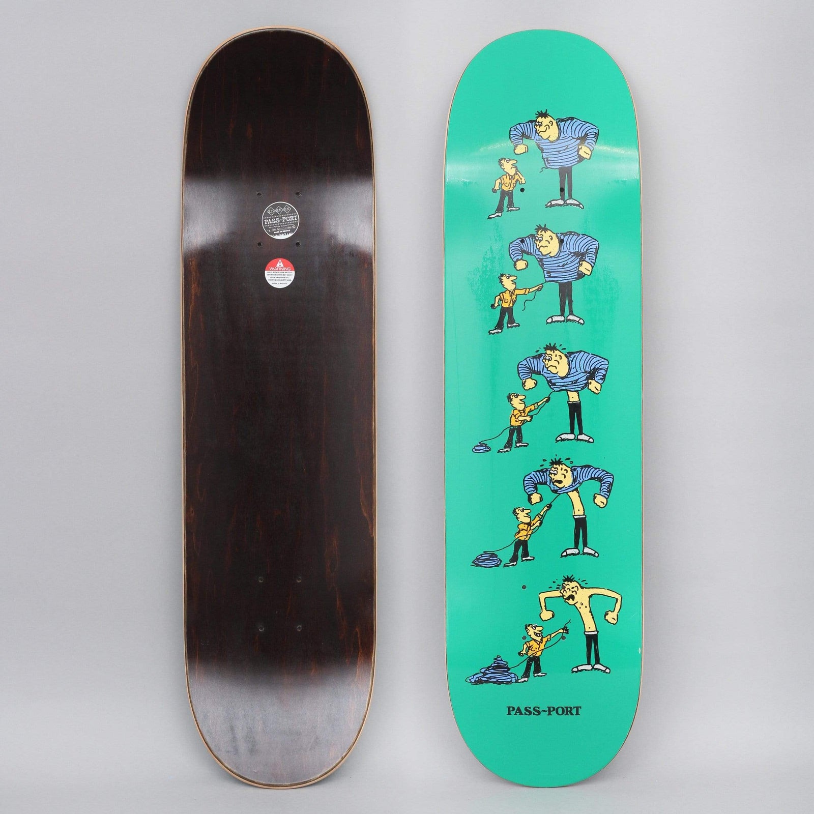 Passport W.C.W.B.F? Thread Green skateboard deck: Cartoon strip of five stages down a green deck: a small boy pulls a thread from a large man's striped jumper, unravelling it into a pile until the angry man is left in a vest.