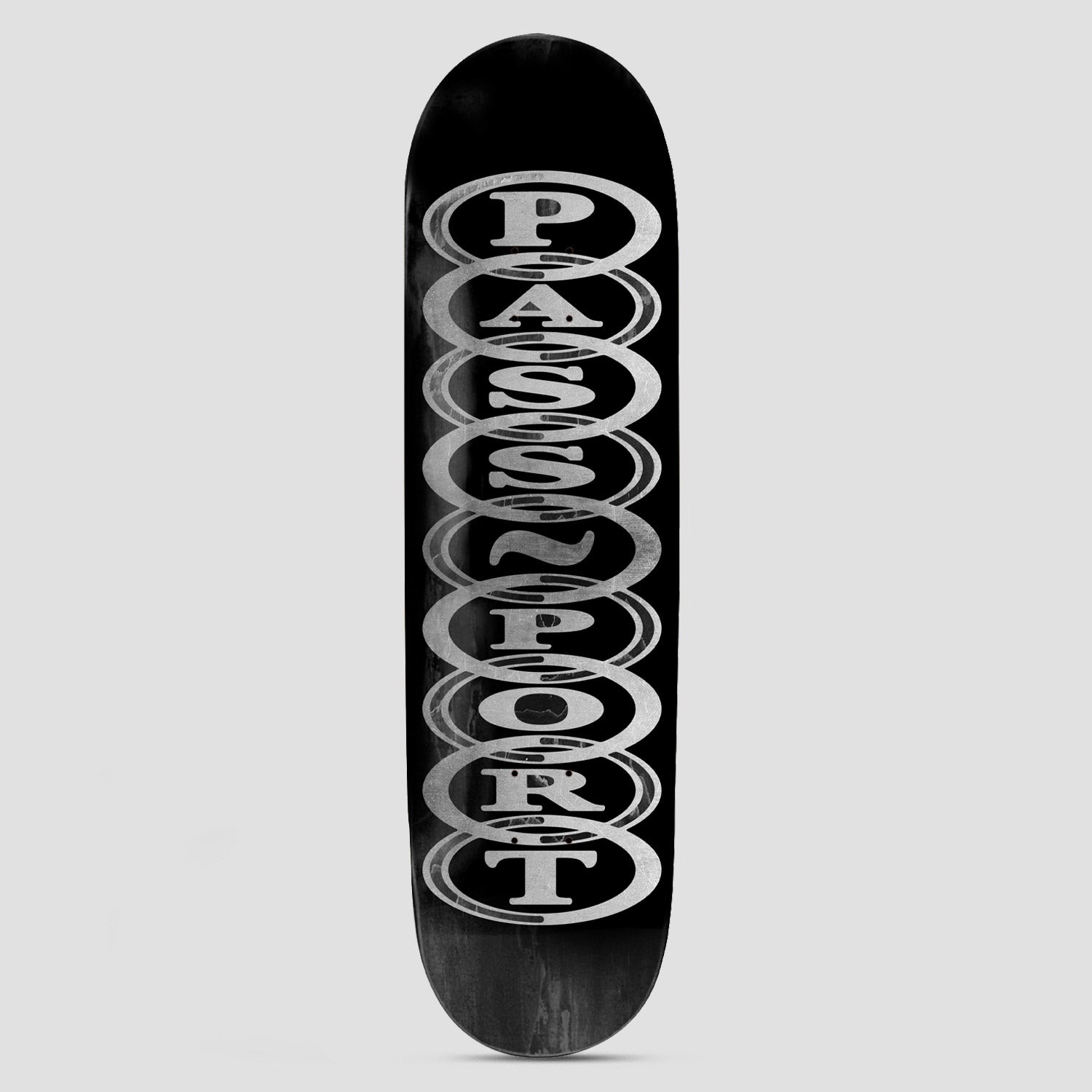 Passport Hoops Black skateboard deck: Black deck with the word Passport spelled vertically in silver serif capitals, each letter inside its own stacked oval ring.