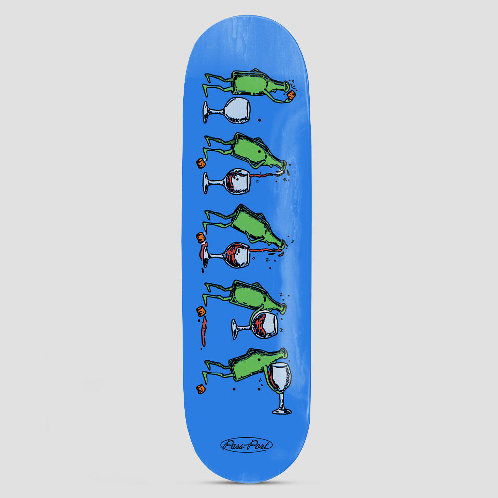 Passport Over It Series On The Bottle skateboard deck: Five-step cartoon sequence of a green wine bottle on stick legs pouring red wine into a glass, then tipping and spilling, with corks scattered, on a bright blue deck. Pass-Port script at the tail.