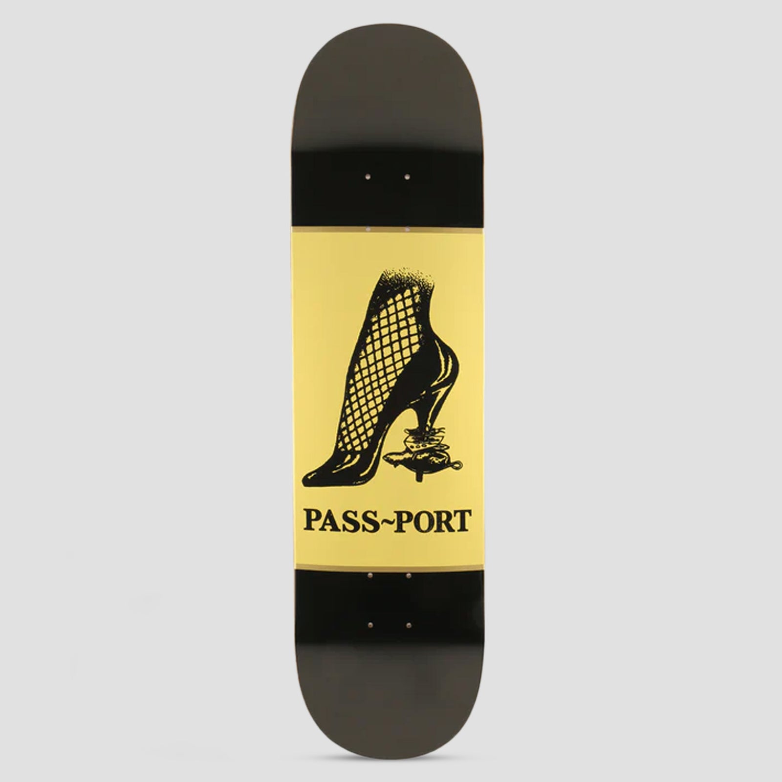 Passport Shoe Series Rat Trap skateboard deck: A black fishnet-stockinged leg in a high heel trapping a mouse under the heel, in a woodcut style on a pale yellow panel with black ends.