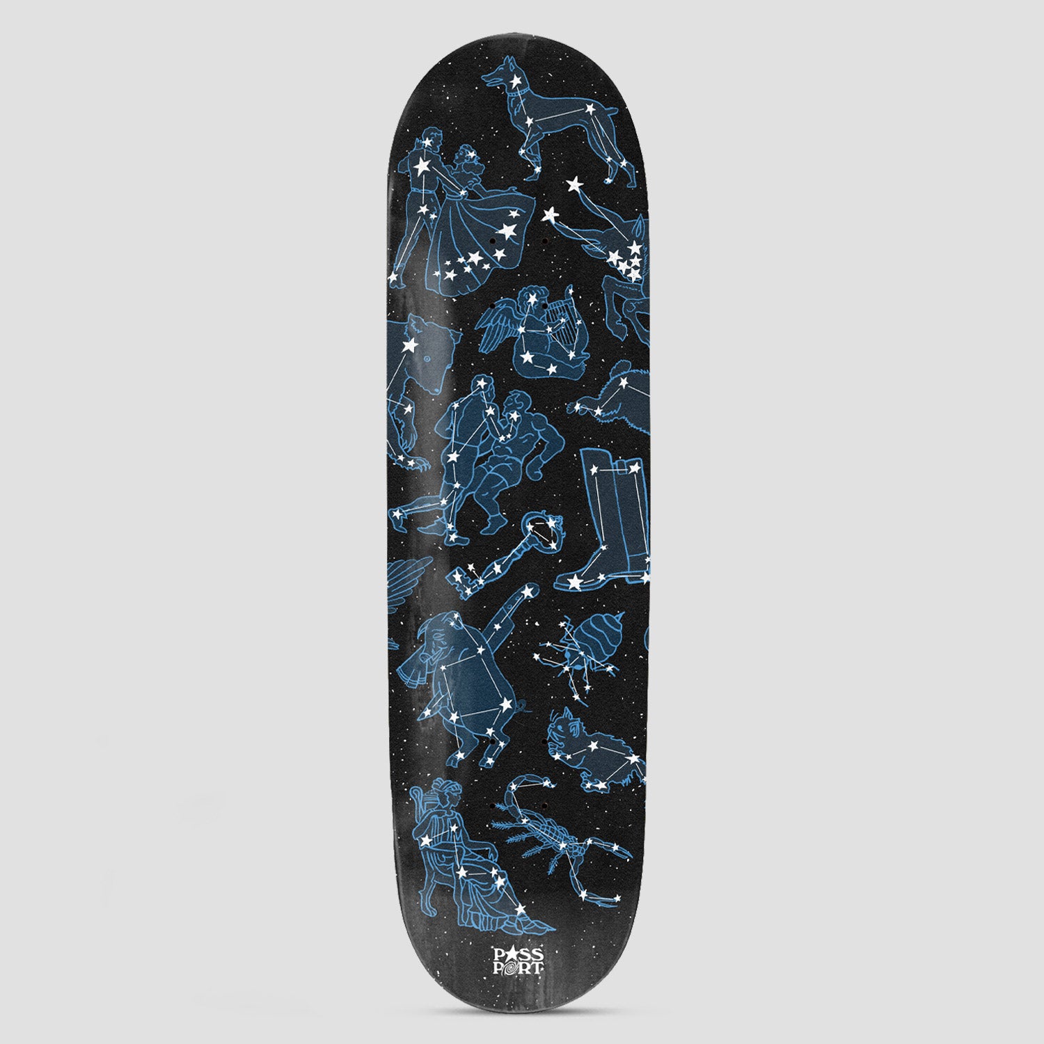 Passport Stargazer Series West skateboard deck: Star-chart of constellations drawn as blue outlined figures, including a dancing couple, a dog, a winged figure, a key, a scorpion and a crab, joined by white stars on a black speckled sky. Passport logo at the bottom.