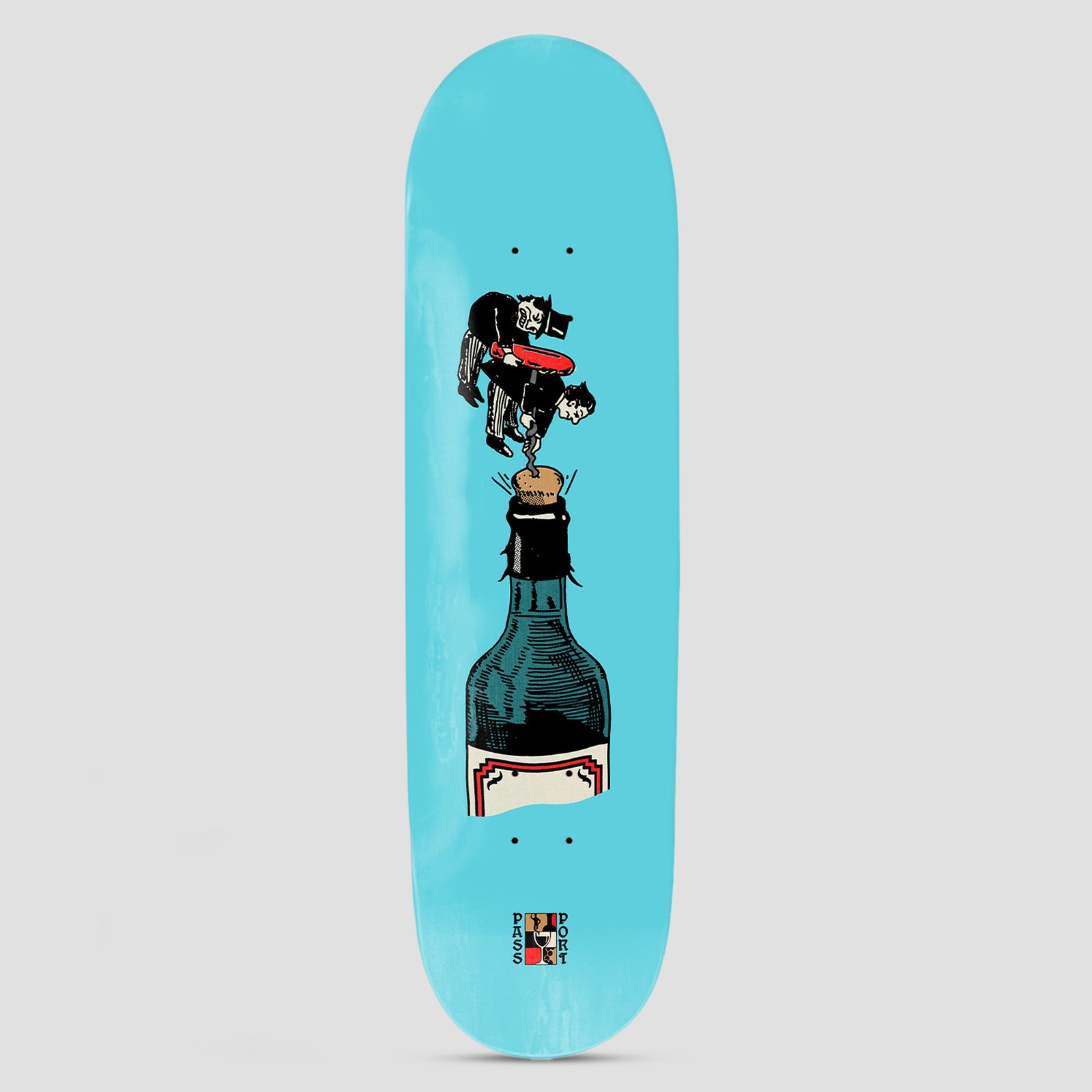 Passport Wine Em' & Dine Em' Series An Introduction To Wine skateboard deck: Two top-hatted gentlemen in black suits haul a corkscrew to pull the cork from a large dark wine bottle, drawn in vintage cartoon style on a turquoise deck. Small Passport logo at the tail.