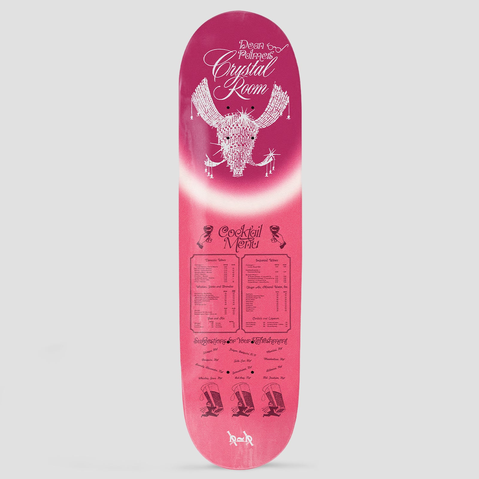 Passport Menu Pro Series Dean skateboard deck: Pink and white airbrush-style deck with a chandelier shaped like a winged head at the top, 'Dean Palmer's Crystal Room' script, and a printed cocktail menu with small drink illustrations beneath. Passport logo at the tail.